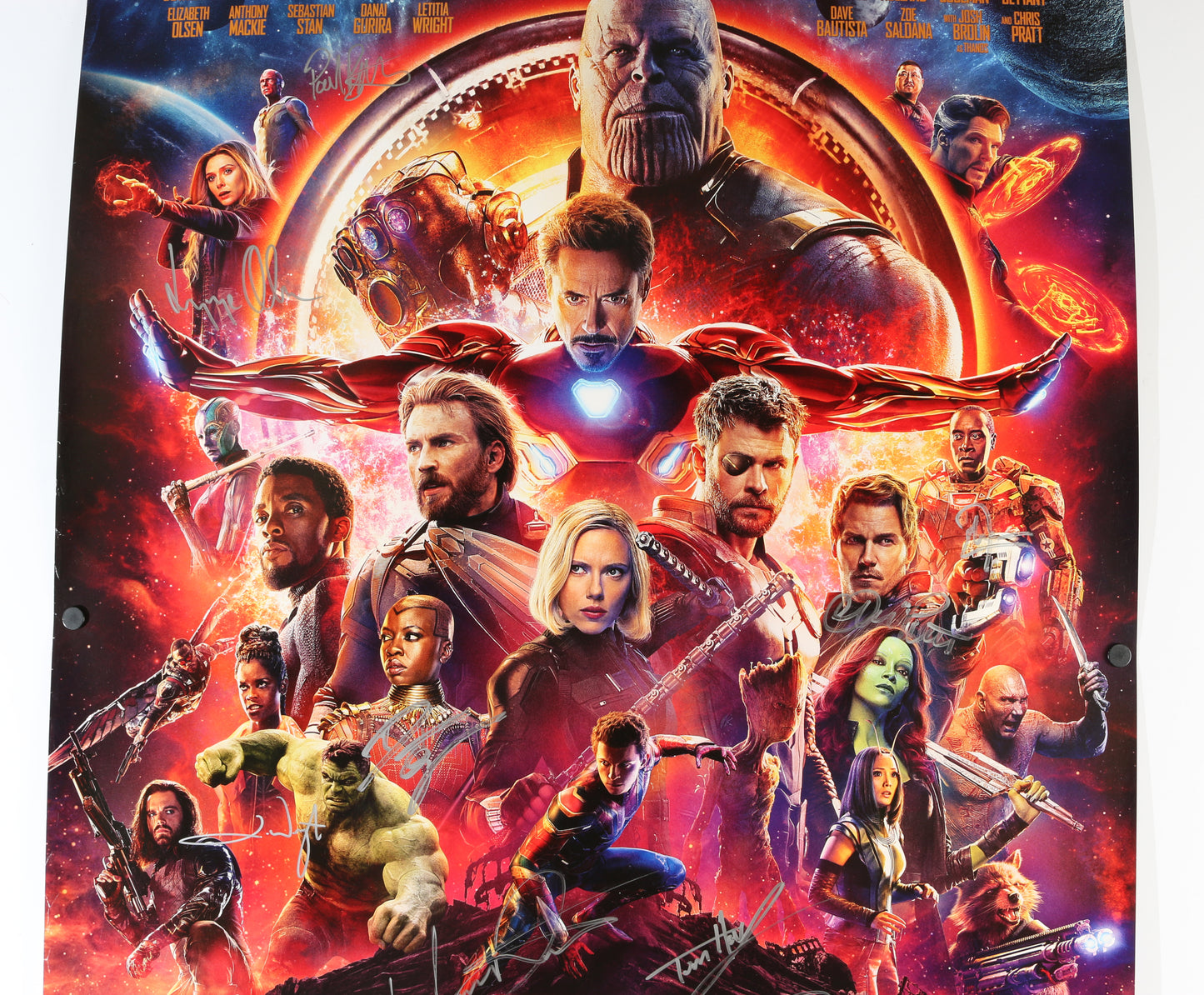 
                  
                    Avengers: Infinity War 27x40 Poster Cast Signed by Chadwick Boseman, Paul Bettany, Elizabeth Olsen, Josh Brolin, Anthony Mackie, Dania Gurira, Letitia Wright, Mark Ruffalo, Tom Holland, Don Cheadle, Chris Pratt, Tom Hiddleston, & Winston Duke
                  
                