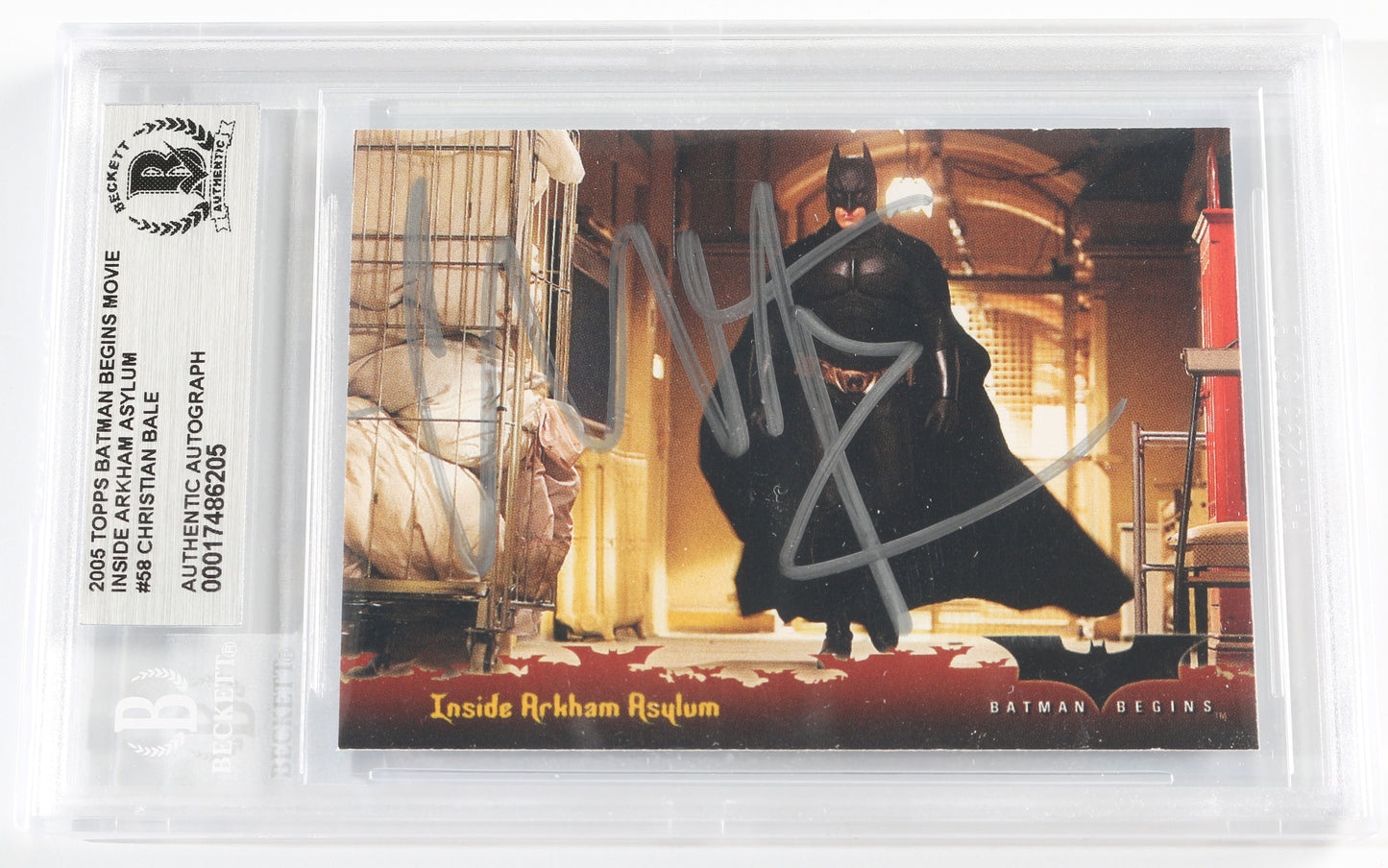 
                  
                    Christian Bale as Batman in Batman Begins (Beckett Slabbed) Signed Topps #58 Inside Arkham Asylum Trading Card
                  
                