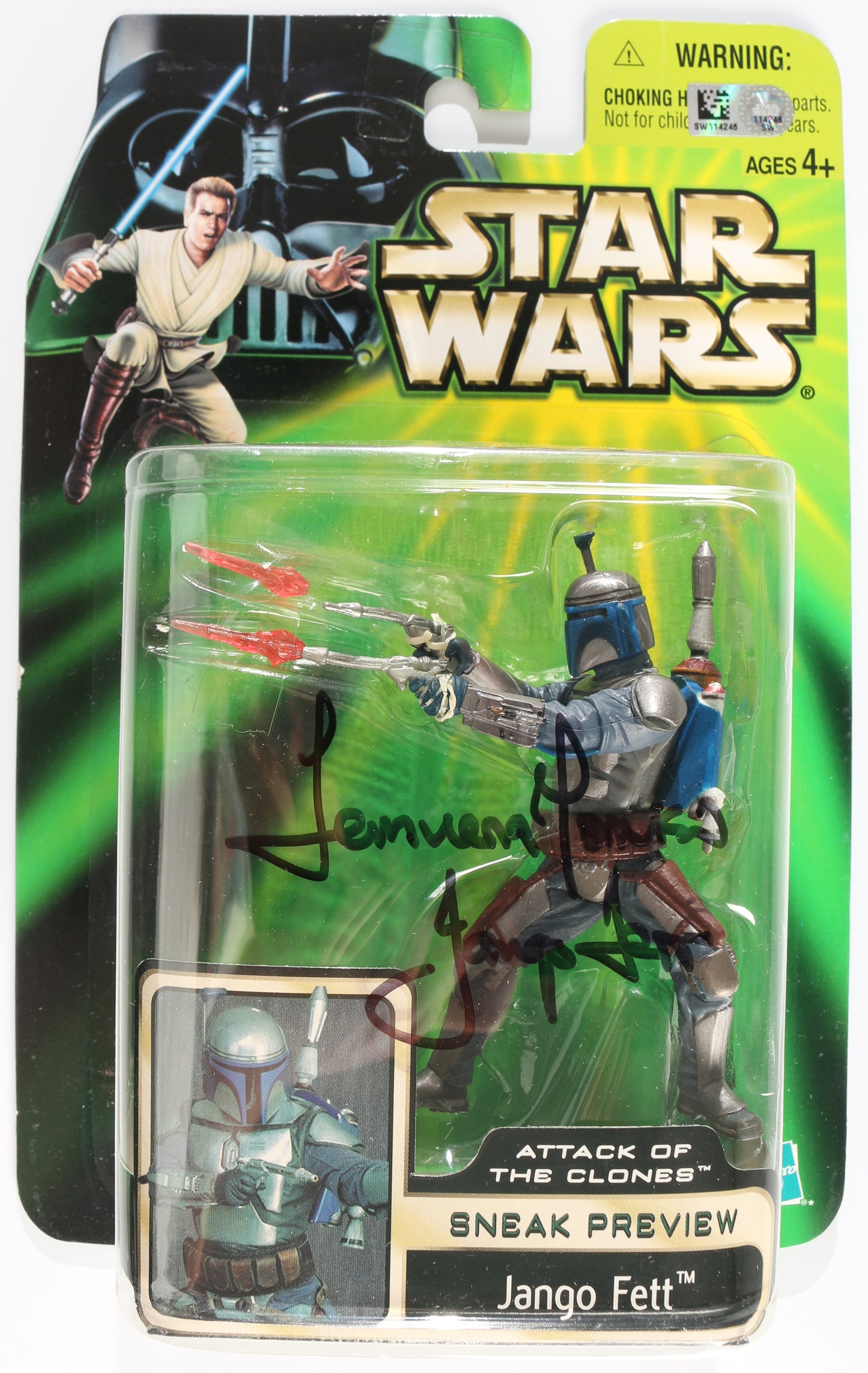 
                  
                    Temuera Morrison as Jango Fett in Star Wars Episode II: Attack of the Clones (Topps) Hasbro 2001 Signed Action Figure with Character Name
                  
                