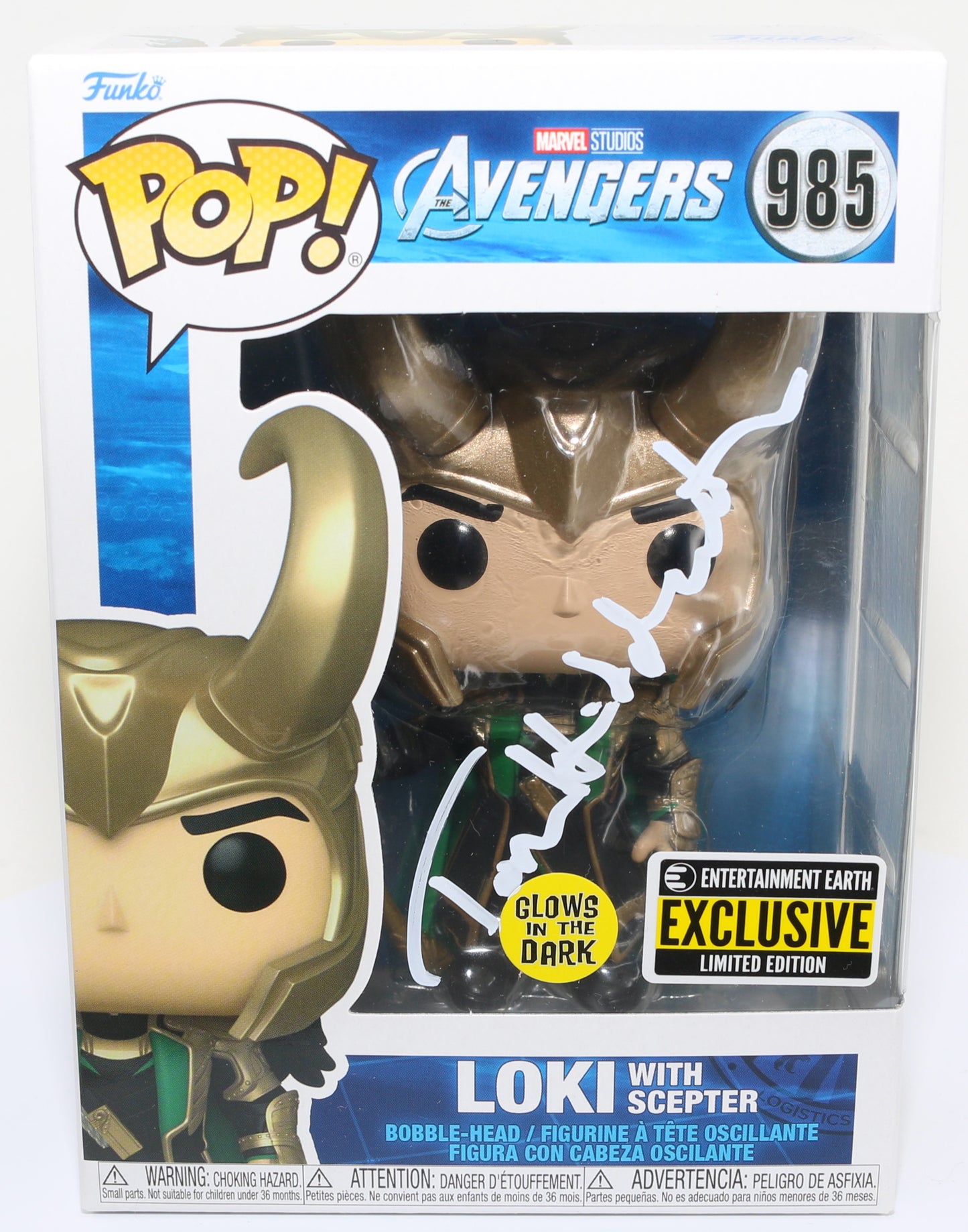 
                  
                    Tom Hiddleston as Loki with Scepter in Avengers EE Glow in the Dark Exclusive (SWAU) Signed Funko POP! #985
                  
                