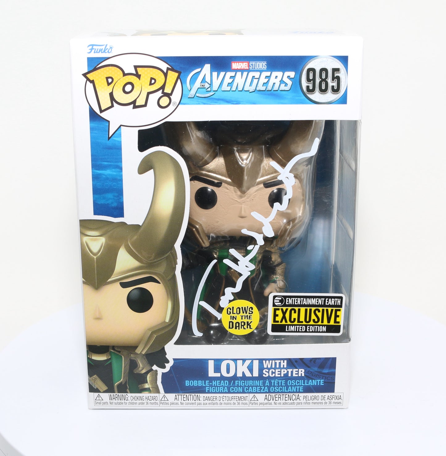 
                  
                    Tom Hiddleston as Loki with Scepter in Avengers EE Glow in the Dark Exclusive (SWAU) Signed Funko POP! #985
                  
                