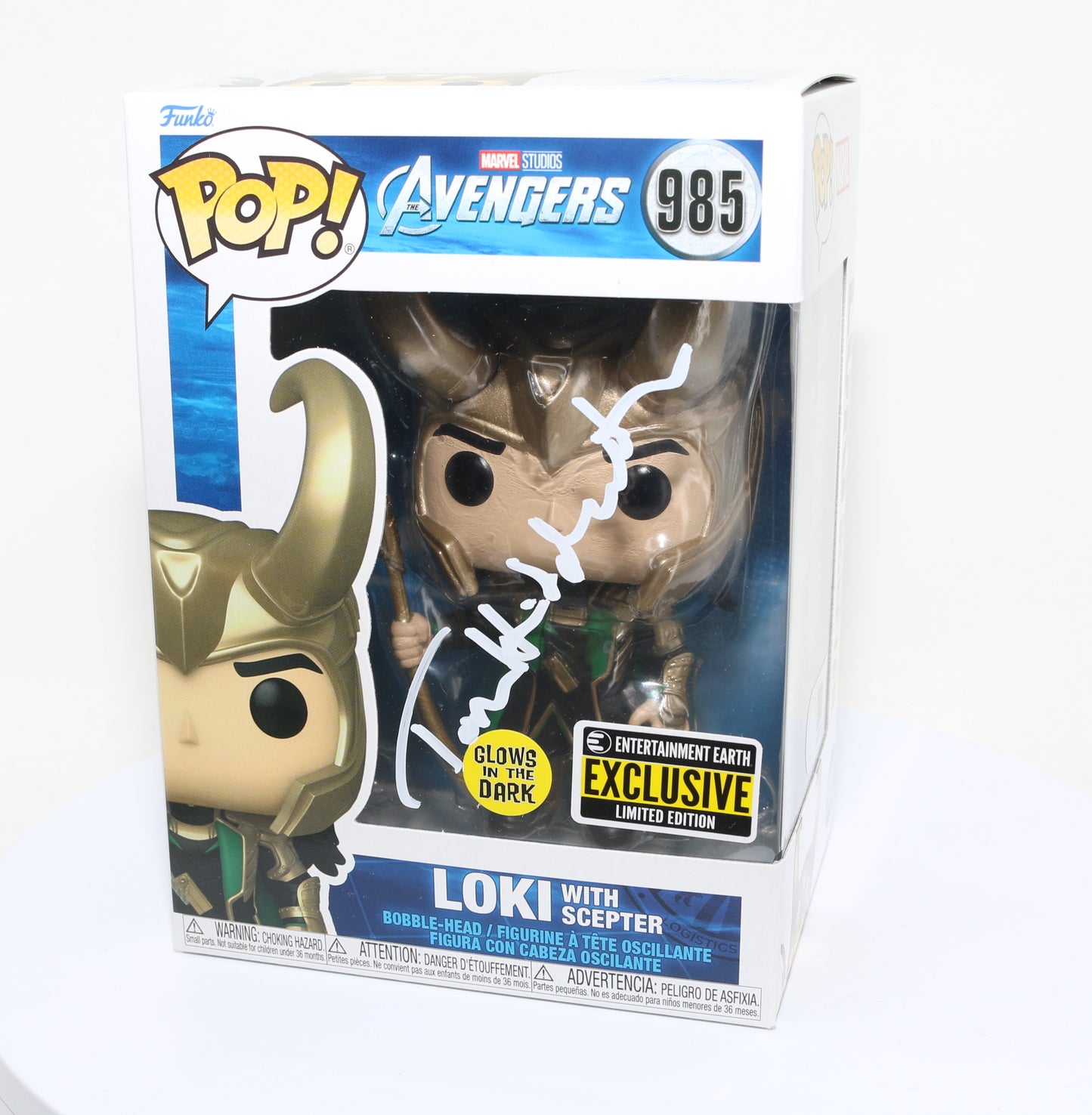 
                  
                    Tom Hiddleston as Loki with Scepter in Avengers EE Glow in the Dark Exclusive (SWAU) Signed Funko POP! #985
                  
                