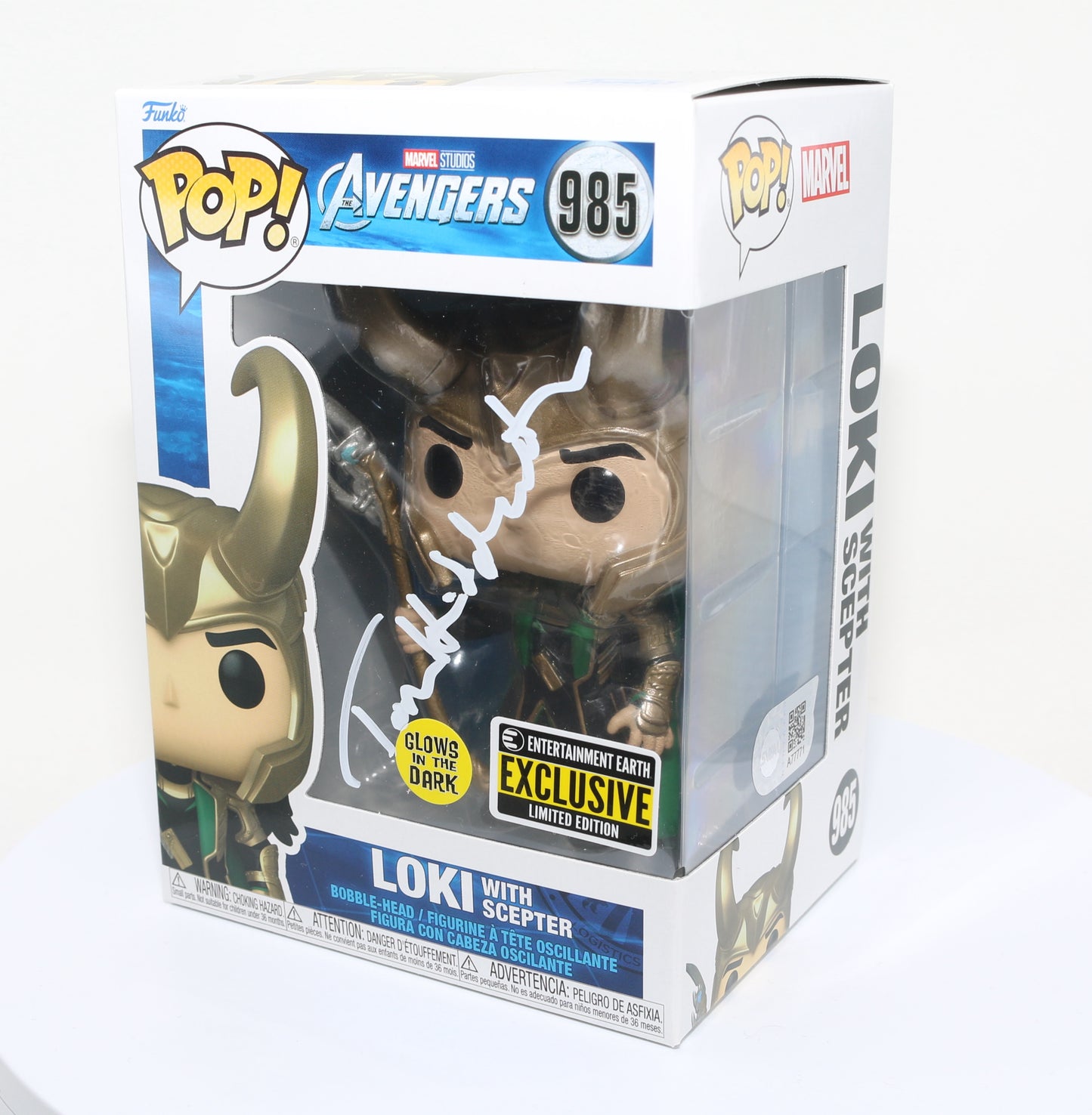 
                  
                    Tom Hiddleston as Loki with Scepter in Avengers EE Glow in the Dark Exclusive (SWAU) Signed Funko POP! #985
                  
                