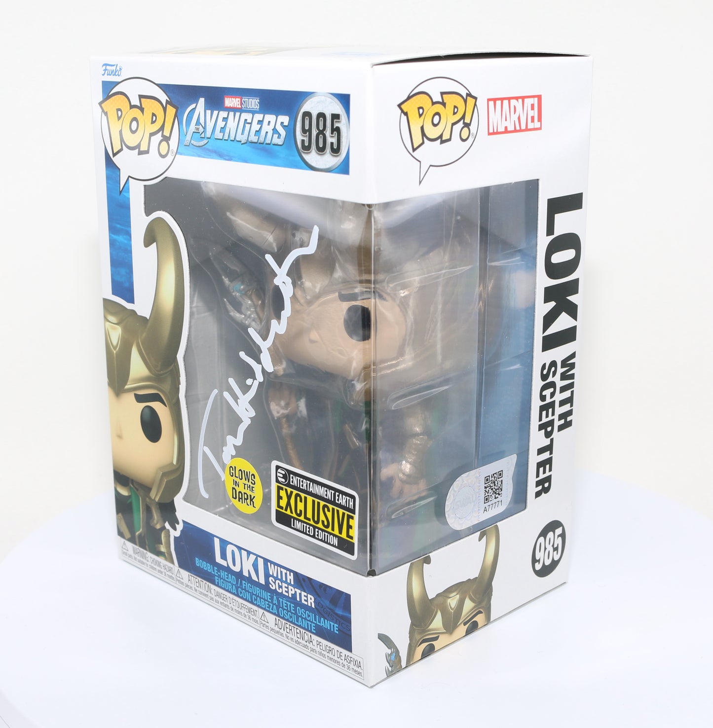 
                  
                    Tom Hiddleston as Loki with Scepter in Avengers EE Glow in the Dark Exclusive (SWAU) Signed Funko POP! #985
                  
                