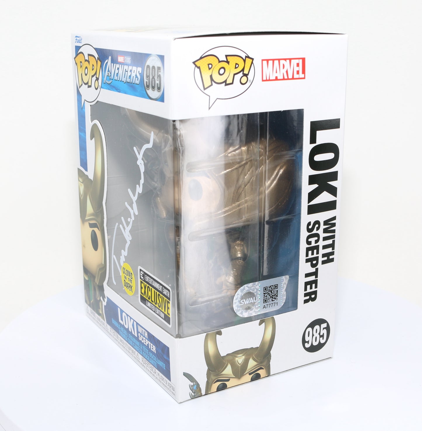 
                  
                    Tom Hiddleston as Loki with Scepter in Avengers EE Glow in the Dark Exclusive (SWAU) Signed Funko POP! #985
                  
                