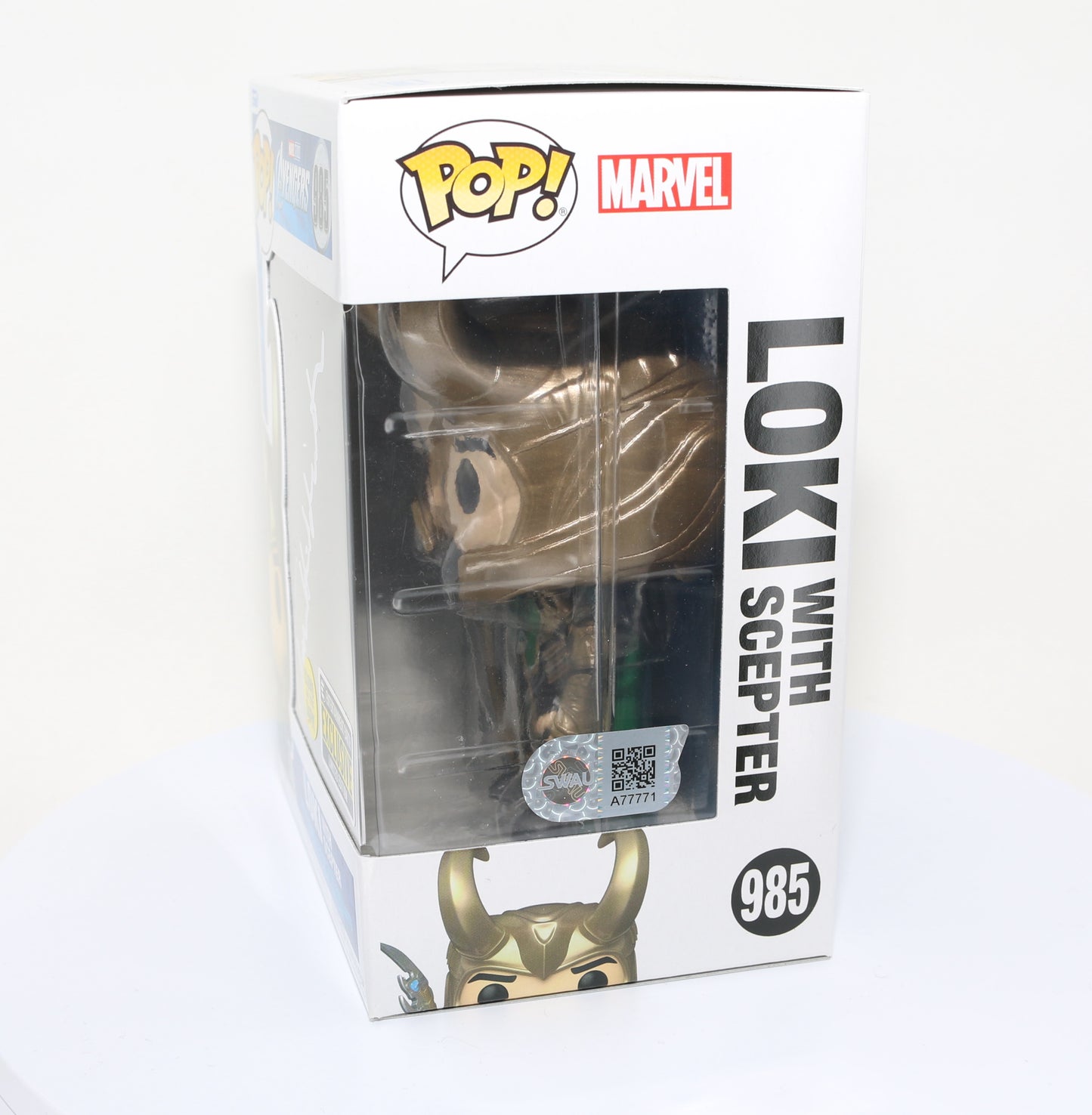 
                  
                    Tom Hiddleston as Loki with Scepter in Avengers EE Glow in the Dark Exclusive (SWAU) Signed Funko POP! #985
                  
                