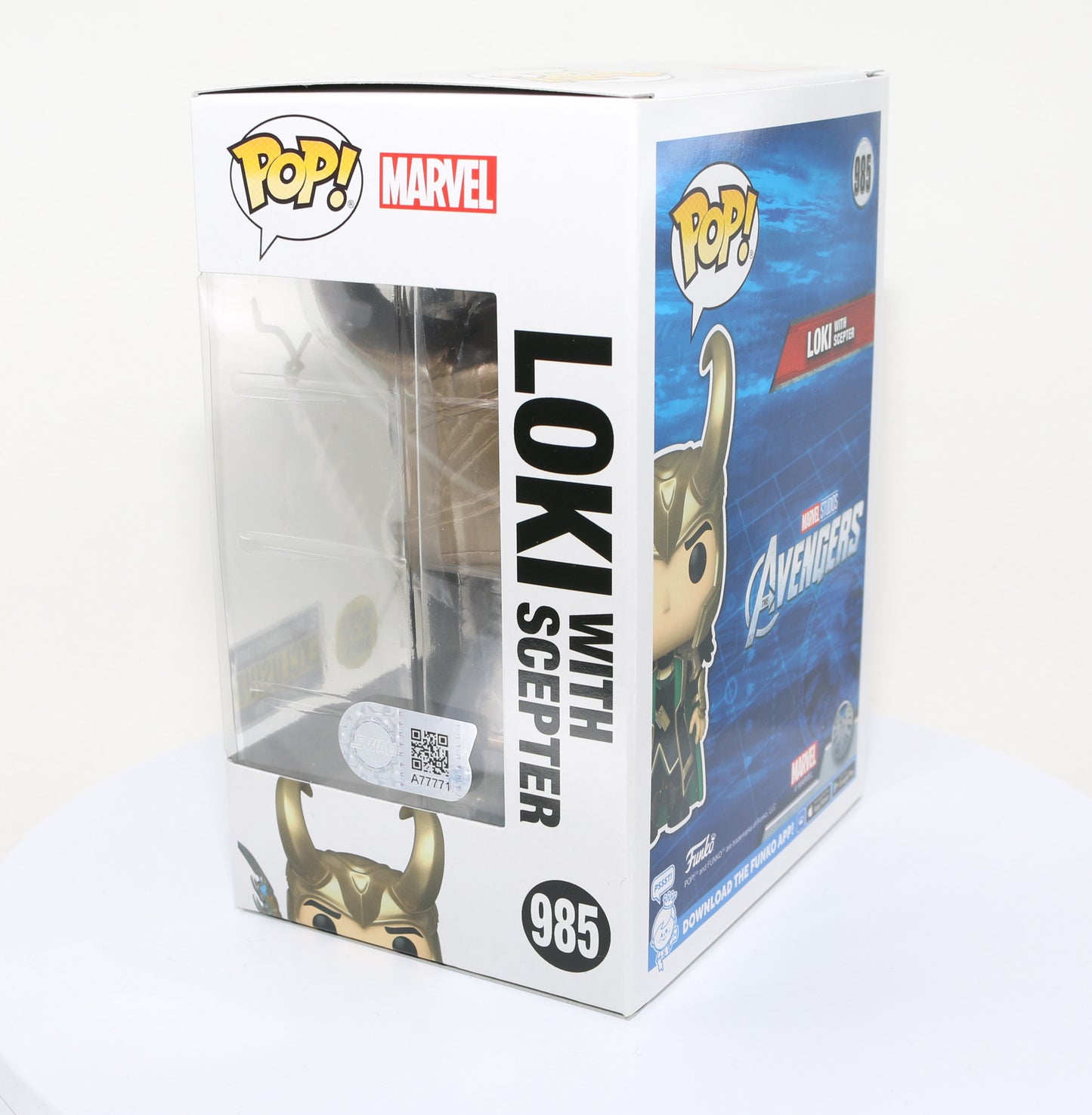
                  
                    Tom Hiddleston as Loki with Scepter in Avengers EE Glow in the Dark Exclusive (SWAU) Signed Funko POP! #985
                  
                