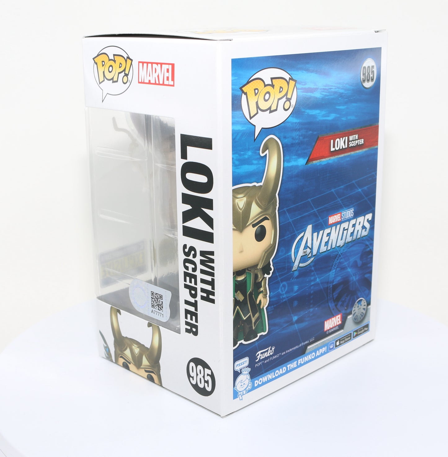 
                  
                    Tom Hiddleston as Loki with Scepter in Avengers EE Glow in the Dark Exclusive (SWAU) Signed Funko POP! #985
                  
                