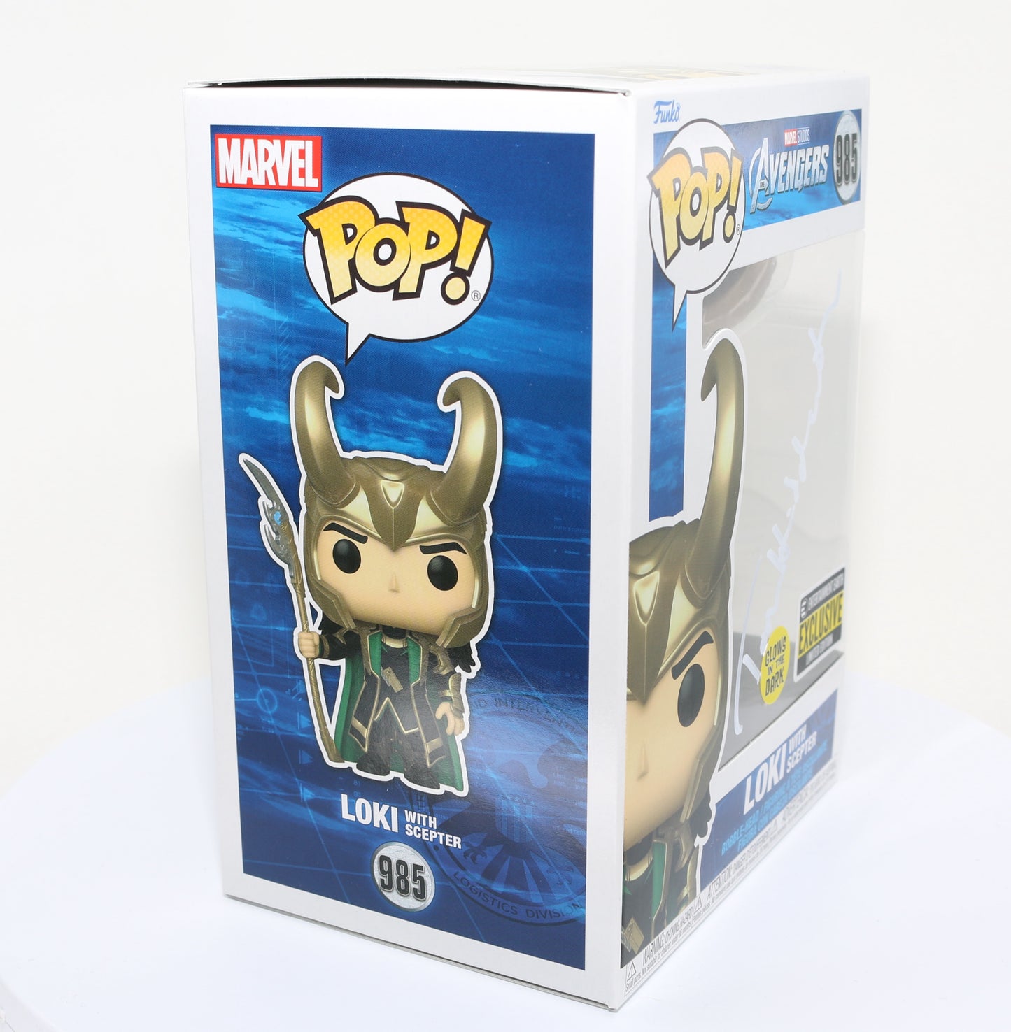 
                  
                    Tom Hiddleston as Loki with Scepter in Avengers EE Glow in the Dark Exclusive (SWAU) Signed Funko POP! #985
                  
                