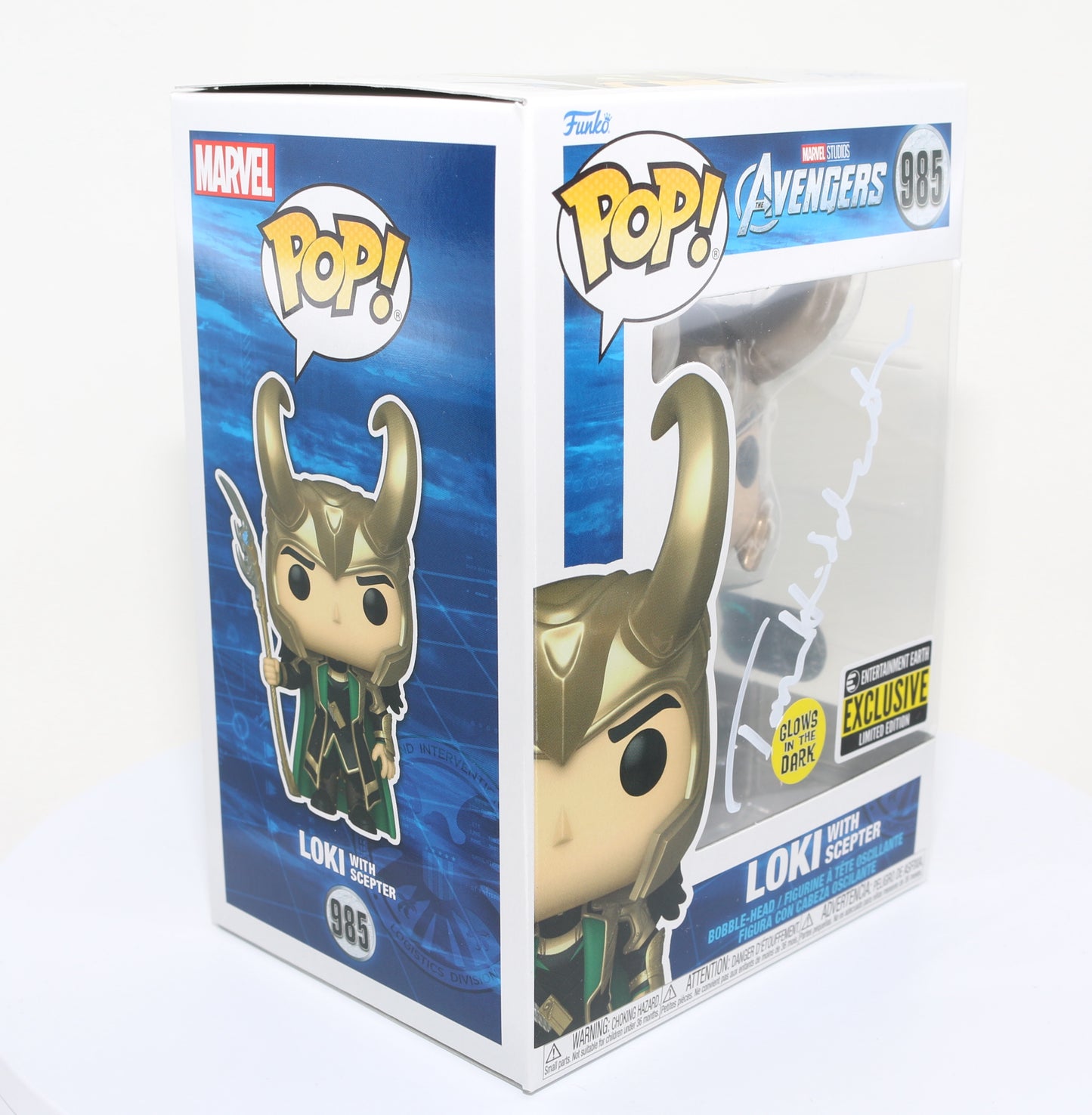 
                  
                    Tom Hiddleston as Loki with Scepter in Avengers EE Glow in the Dark Exclusive (SWAU) Signed Funko POP! #985
                  
                