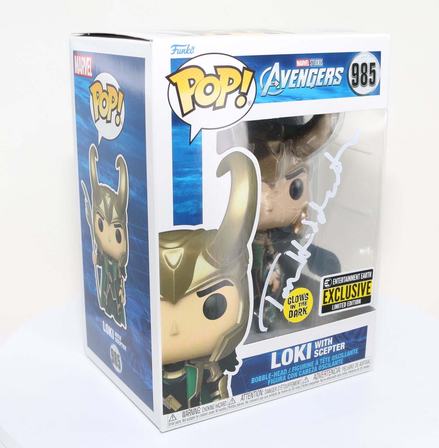 
                  
                    Tom Hiddleston as Loki with Scepter in Avengers EE Glow in the Dark Exclusive (SWAU) Signed Funko POP! #985
                  
                
