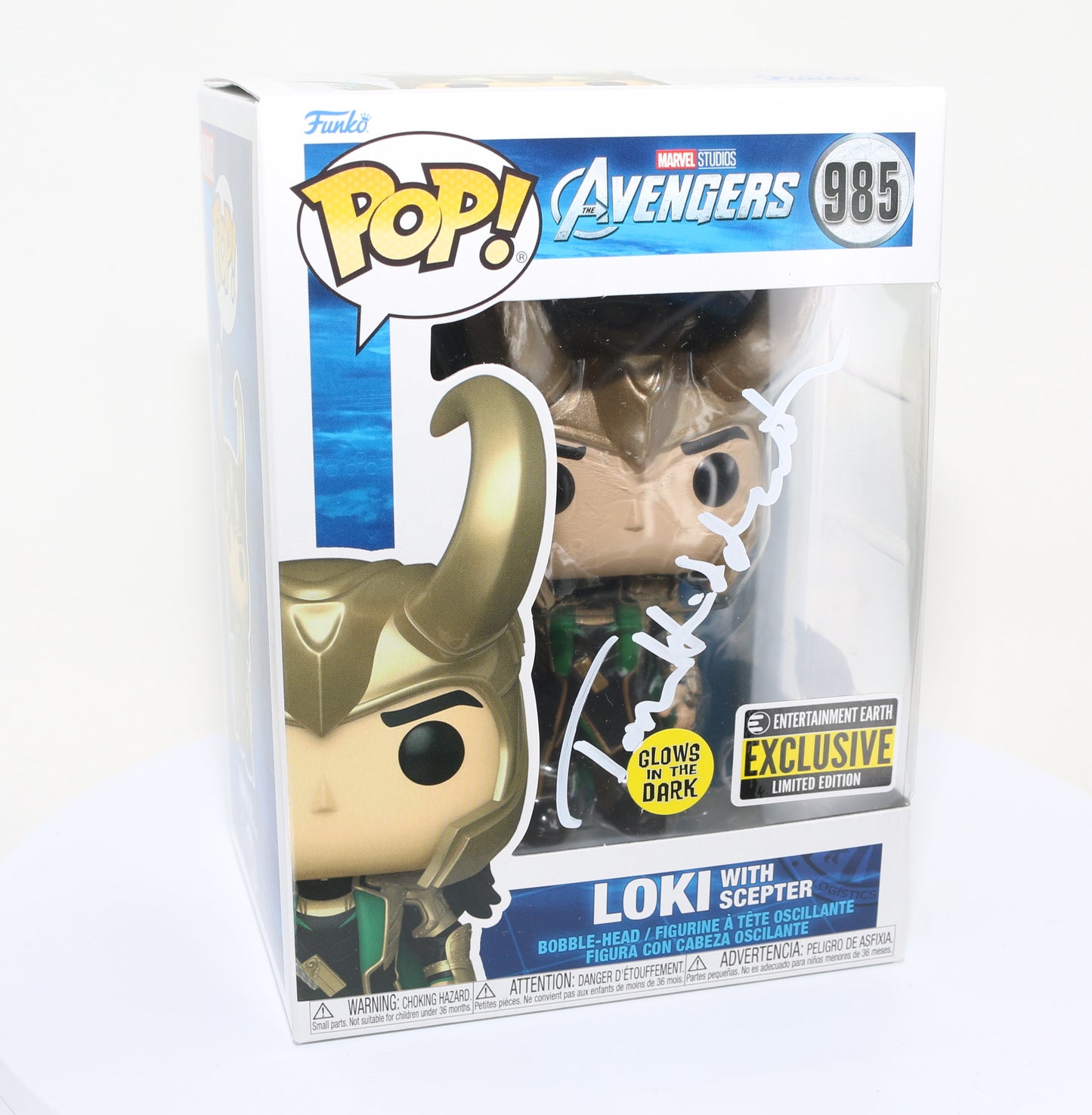 
                  
                    Tom Hiddleston as Loki with Scepter in Avengers EE Glow in the Dark Exclusive (SWAU) Signed Funko POP! #985
                  
                