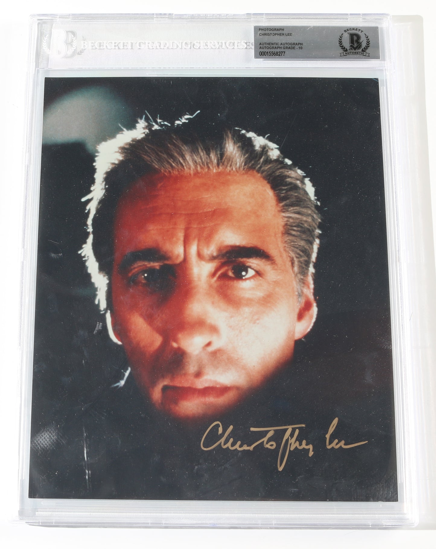 
                  
                    Christopher Lee as Dracula in The Satanic Rites of Dracula (Beckett Encapsulated Auto 10) Signed 8x10 Photo
                  
                