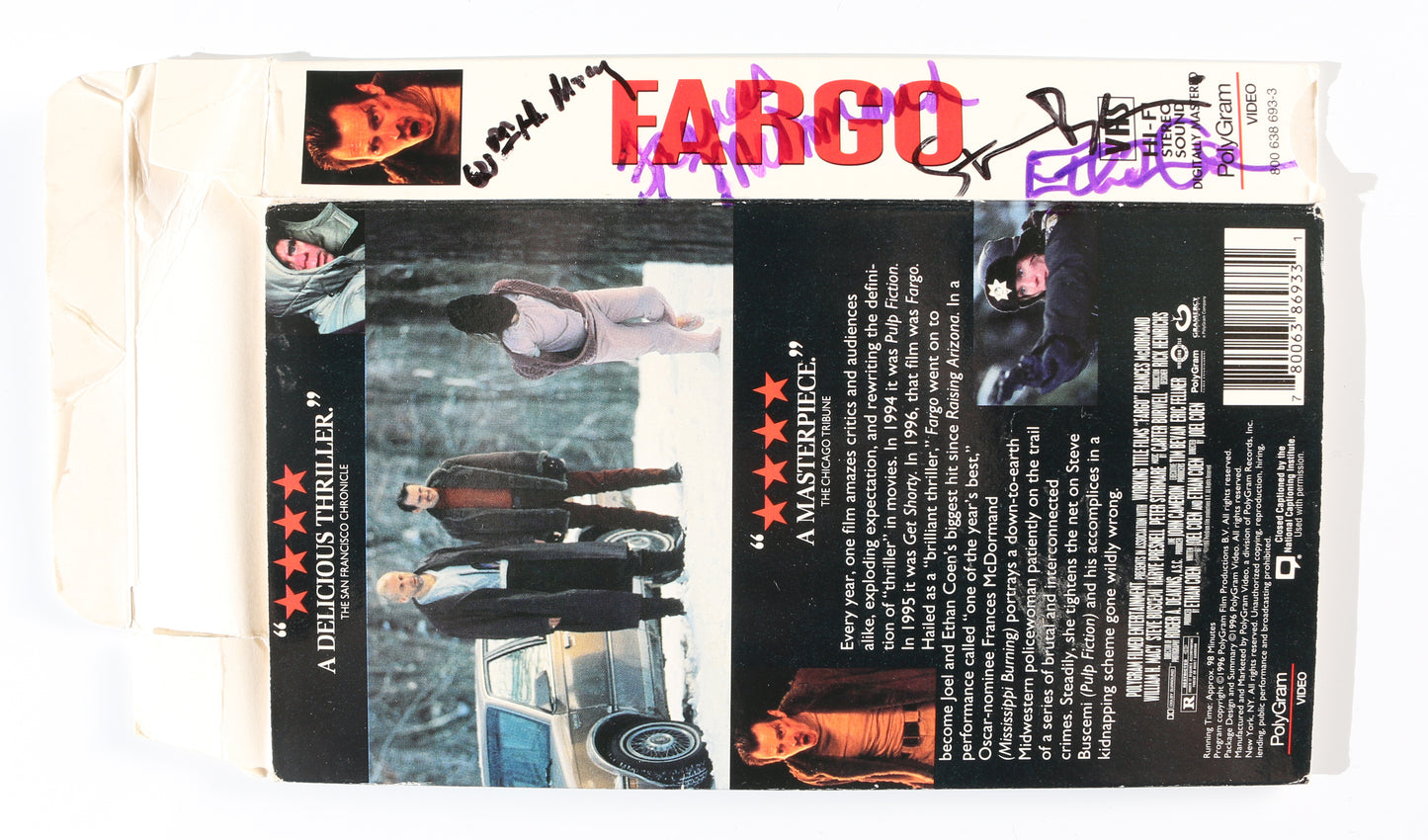 
                  
                    Fargo VHS Cover Cast Signed by Frances McDormand, William H. Macy, Steve Buscemi, & Director: Ethan Coen
                  
                