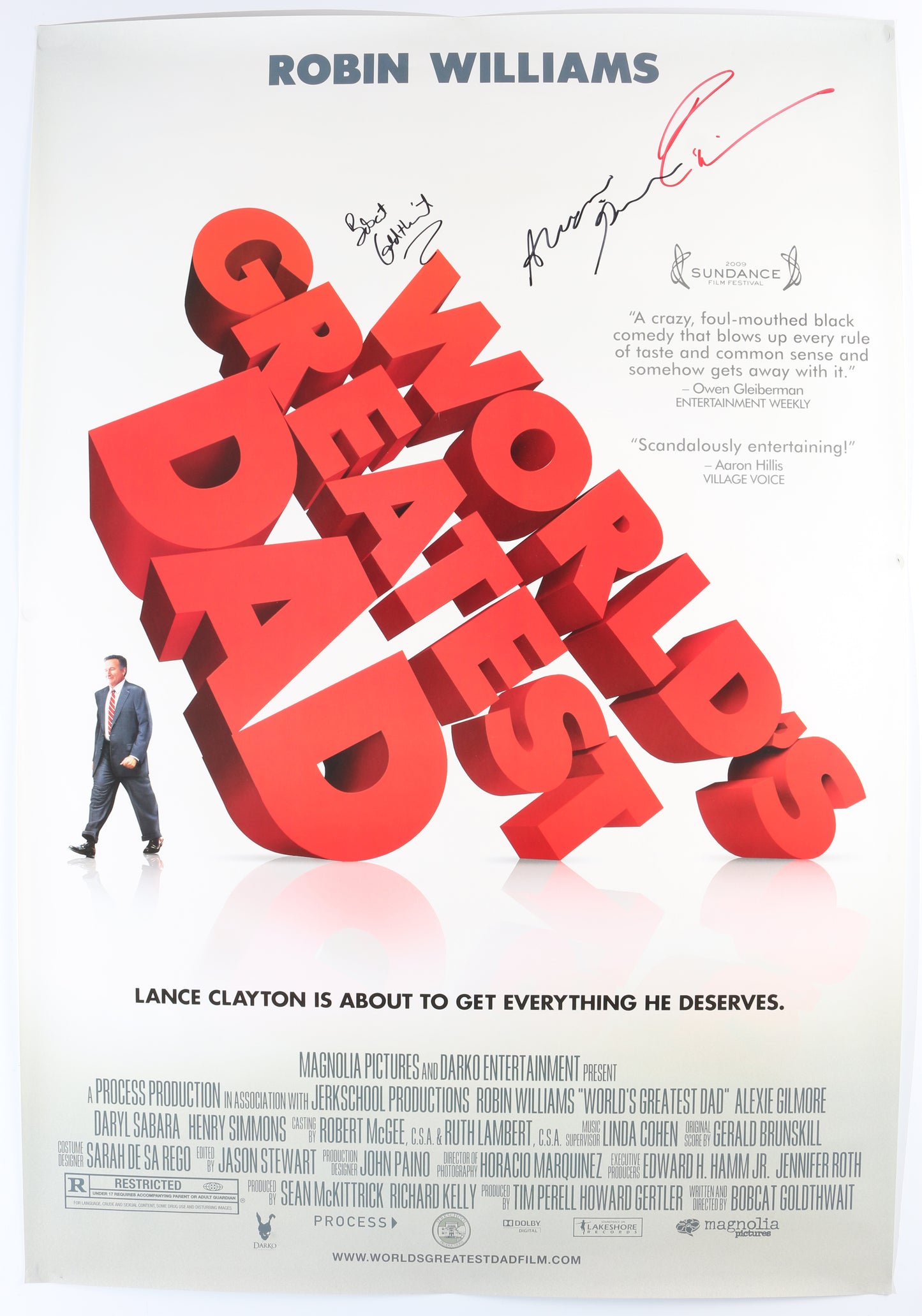 
                  
                    World's Greatest Dad 27x39.5 Poster Signed by Robin Williams & Alexie Gilmore with Director: Bobcat Goldthwait
                  
                