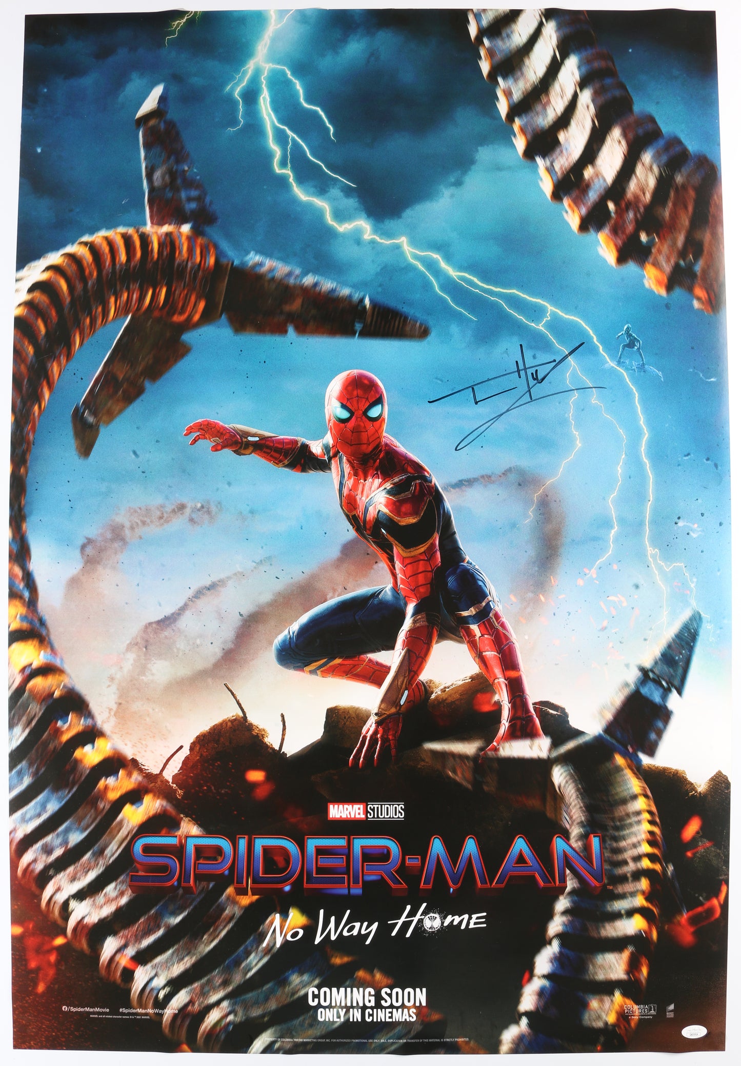 
                  
                    Tom Holland as Spider-Man in Spider-Man: No Way Home (JSA / The Brothers Trust) Signed 27x40 Poster
                  
                