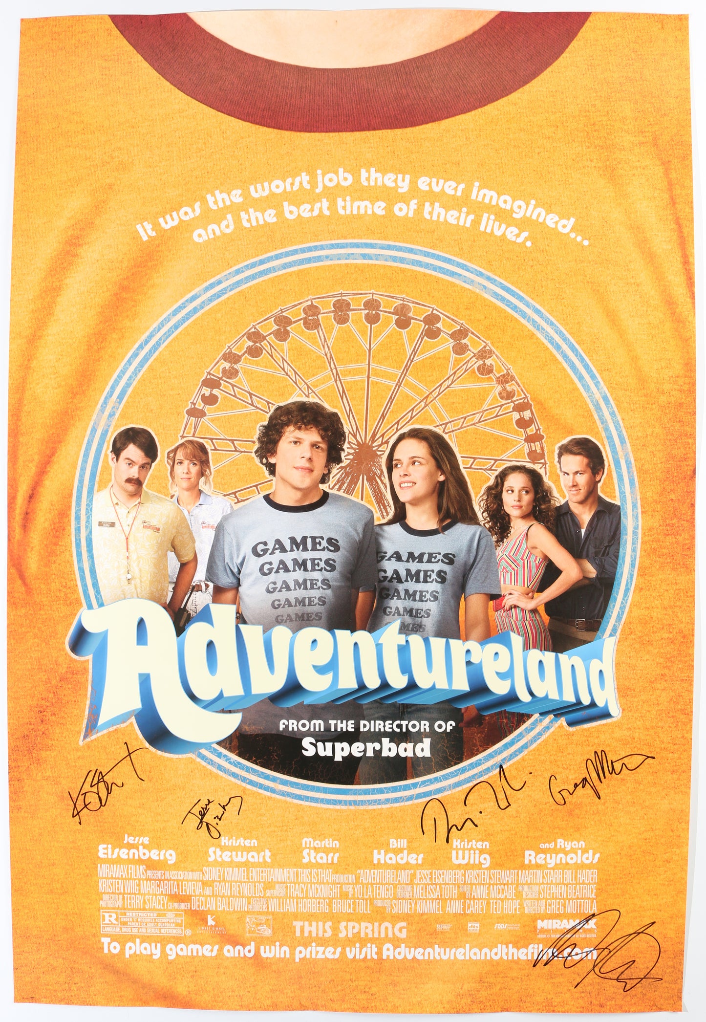 
                  
                    Adventureland 27x40 Poster Cast Signed by Jesse Eisenberg, Kristen Stewart, Ryan Reynolds, & Martin Starr with Director: Greg Mottola
                  
                