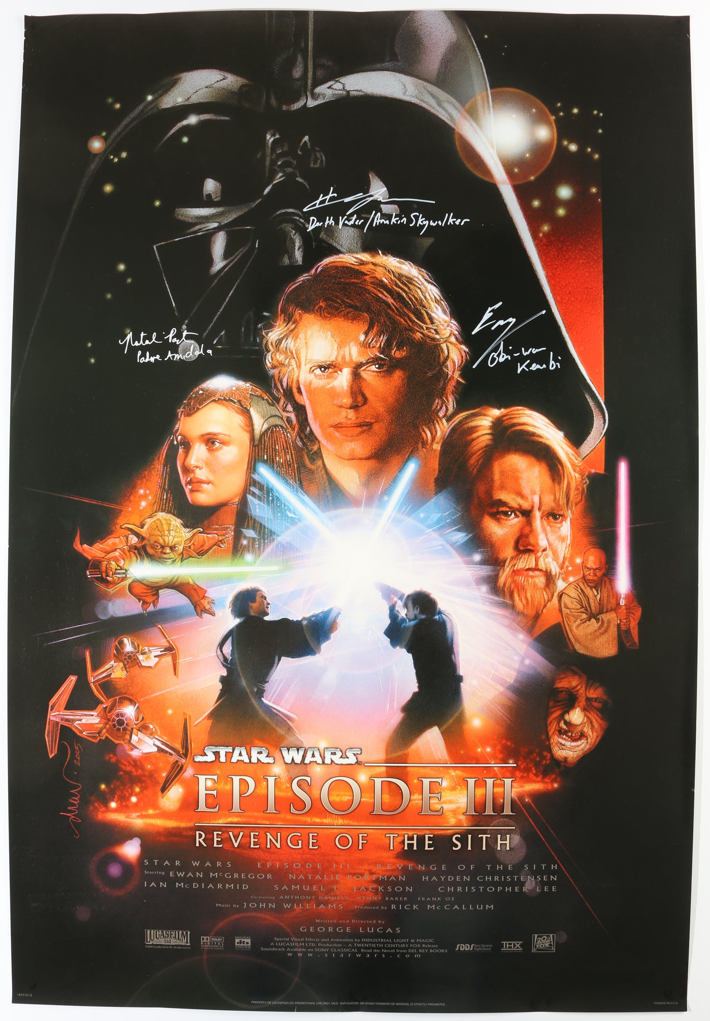 
                  
                    Ewan McGregor as Obi-Wan Kenobi, Natalie Portman as Padme Amidala, & Hayden Christensen as Anakin Skywalker in Star Wars Episode III: Revenge of the Sith (SWAU) Signed 27x40 Poster with Character Names
                  
                