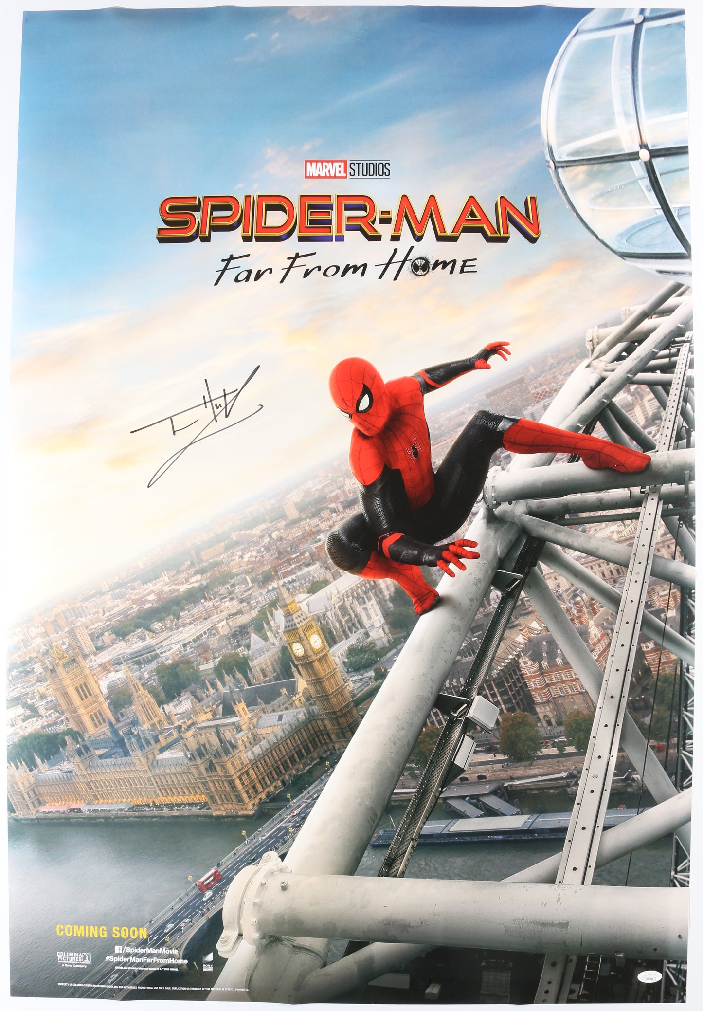 
                  
                    Tom Holland as Spider-Man in Spider-Man: Far From Home (JSA / The Brothers Trust) Signed 27x40 Poster
                  
                