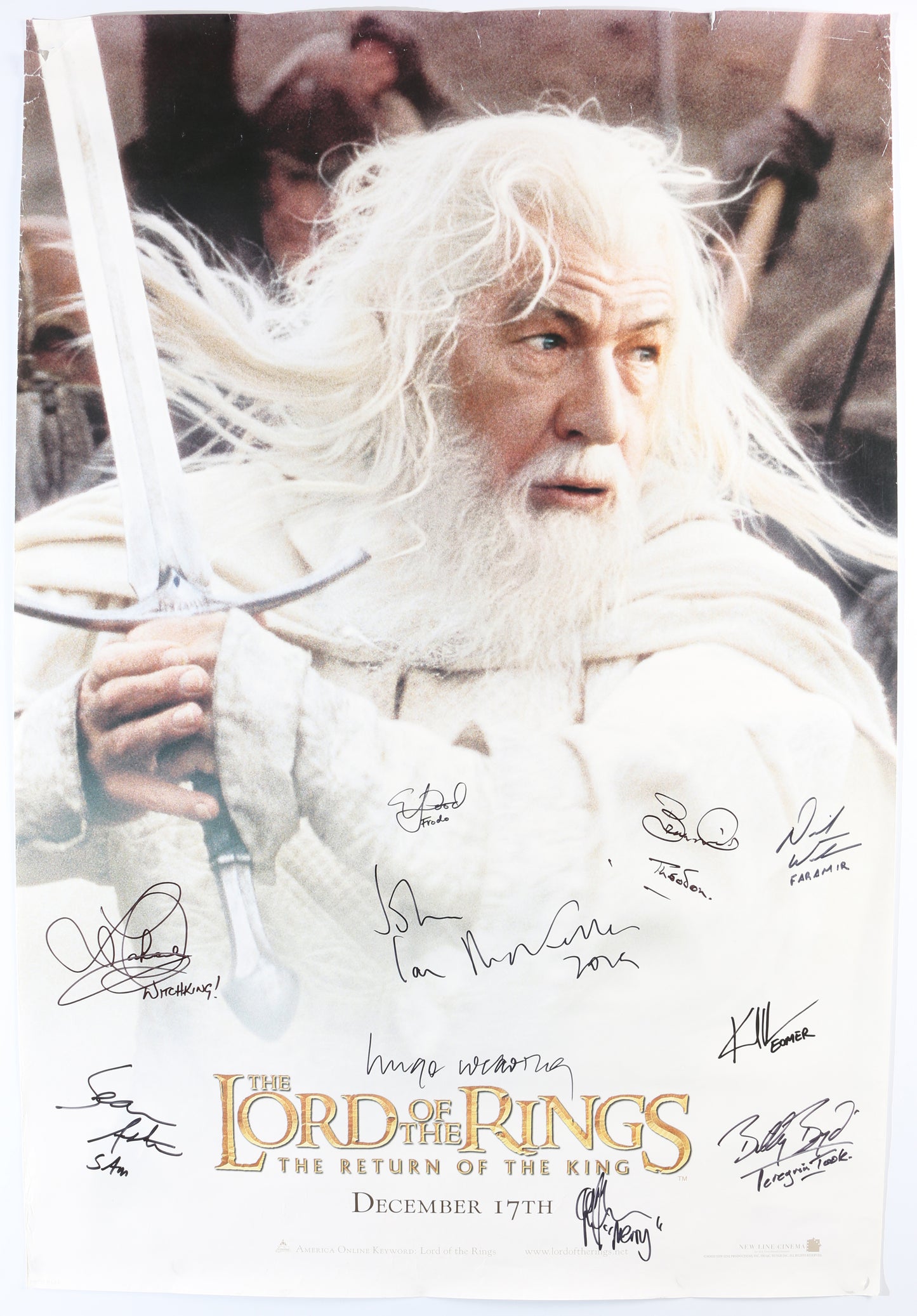 
                  
                    The Lord of the Rings: The Return of the King 26.5x39.5 Poster Cast Signed by Elijah Wood, Ian Mckellen, Sean Austin, Hugo Weaving, Bernard Hill, Billy Boyd, Lawrence Makoare, Dominic Monaghan, Karl Urban, & David Wenham
                  
                