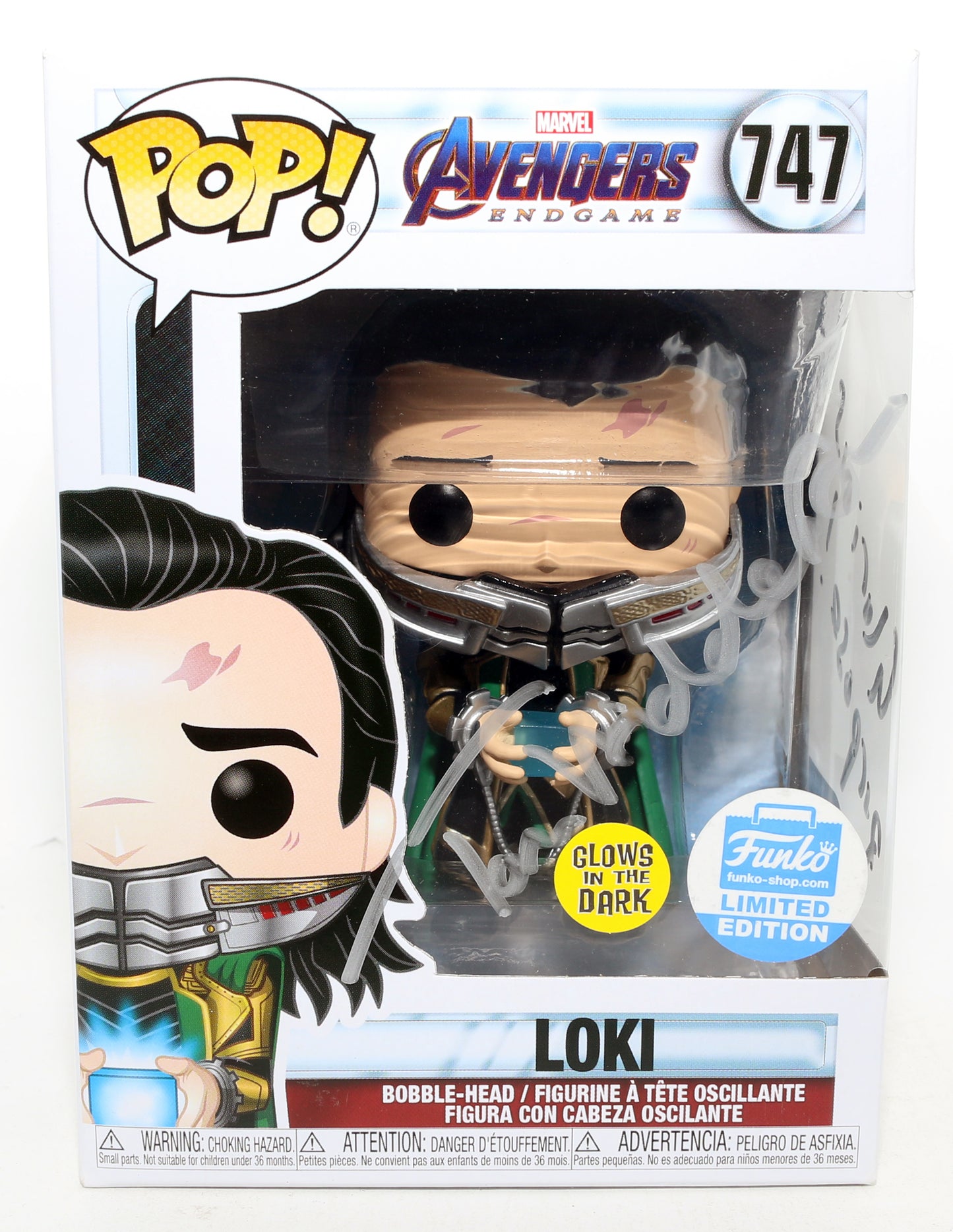 
                  
                    Tom Hiddleston as Loki in Avengers: Endgame GITD Funko Store Limited Edition (SWAU) Signed Funko POP! #747 with Quote
                  
                