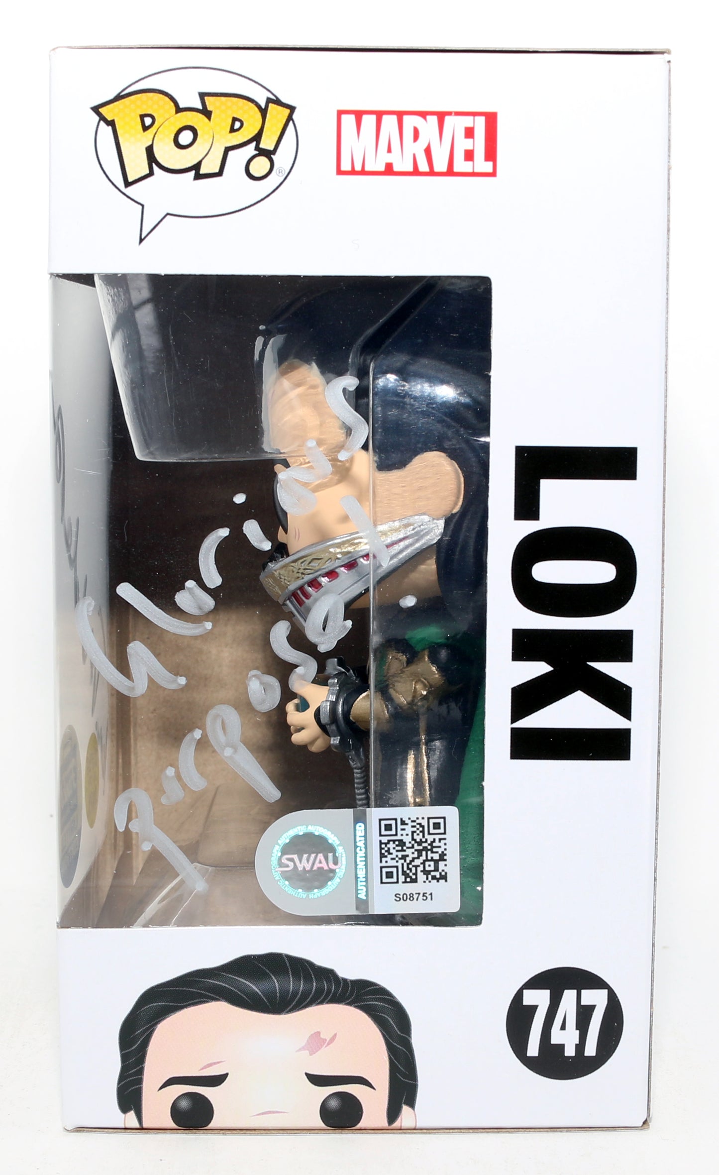 
                  
                    Tom Hiddleston as Loki in Avengers: Endgame GITD Funko Store Limited Edition (SWAU) Signed Funko POP! #747 with Quote
                  
                