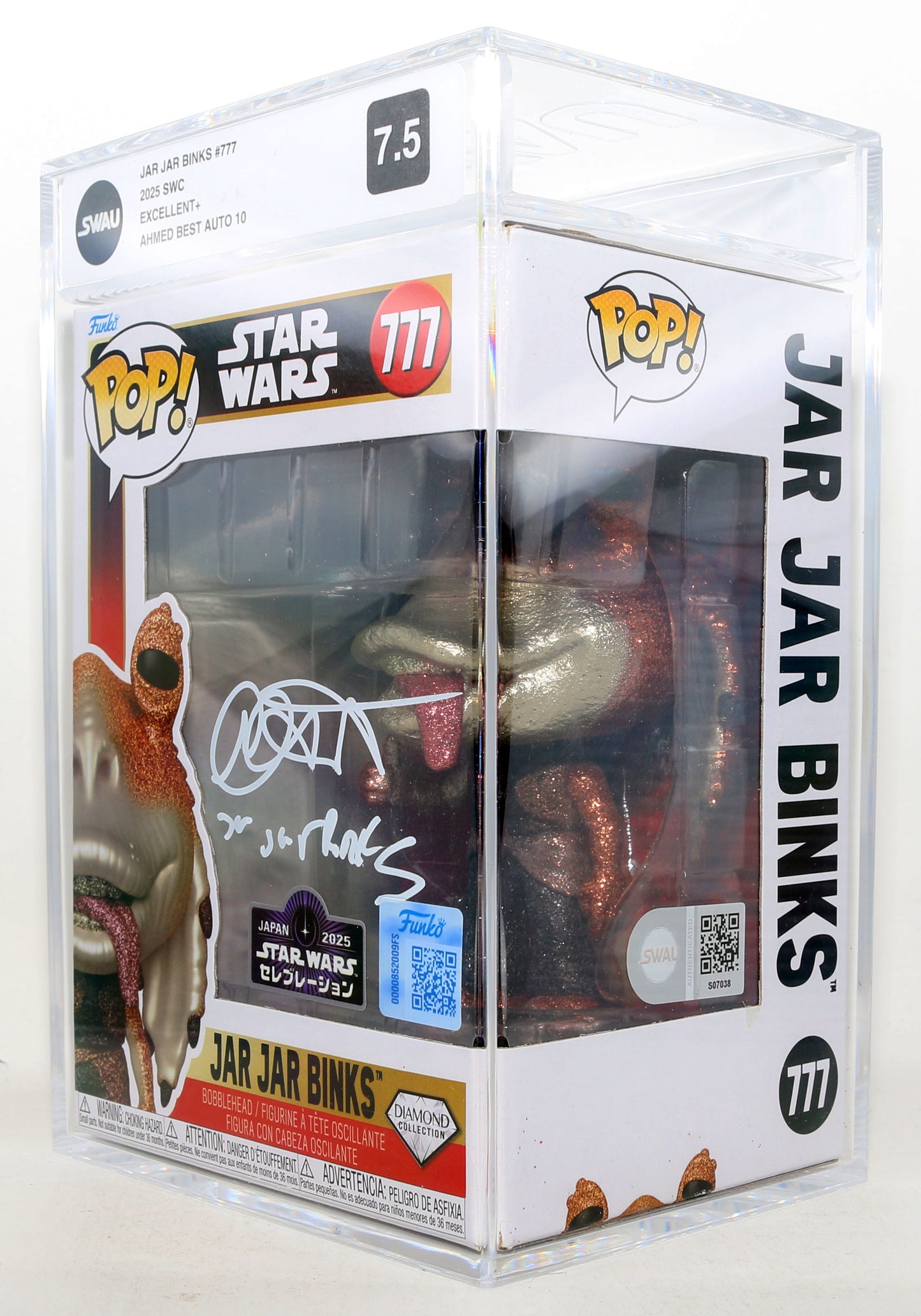 
                  
                    Ahmed Best as Jar Jar Binks in Star Wars Episode I: The Phantom Menace Japan 2025 Exclusive Diamond Collection (SWAU  Encapsulated Grade 7.5 / Auto 10) Signed Funko POP! #777 with Character Name
                  
                