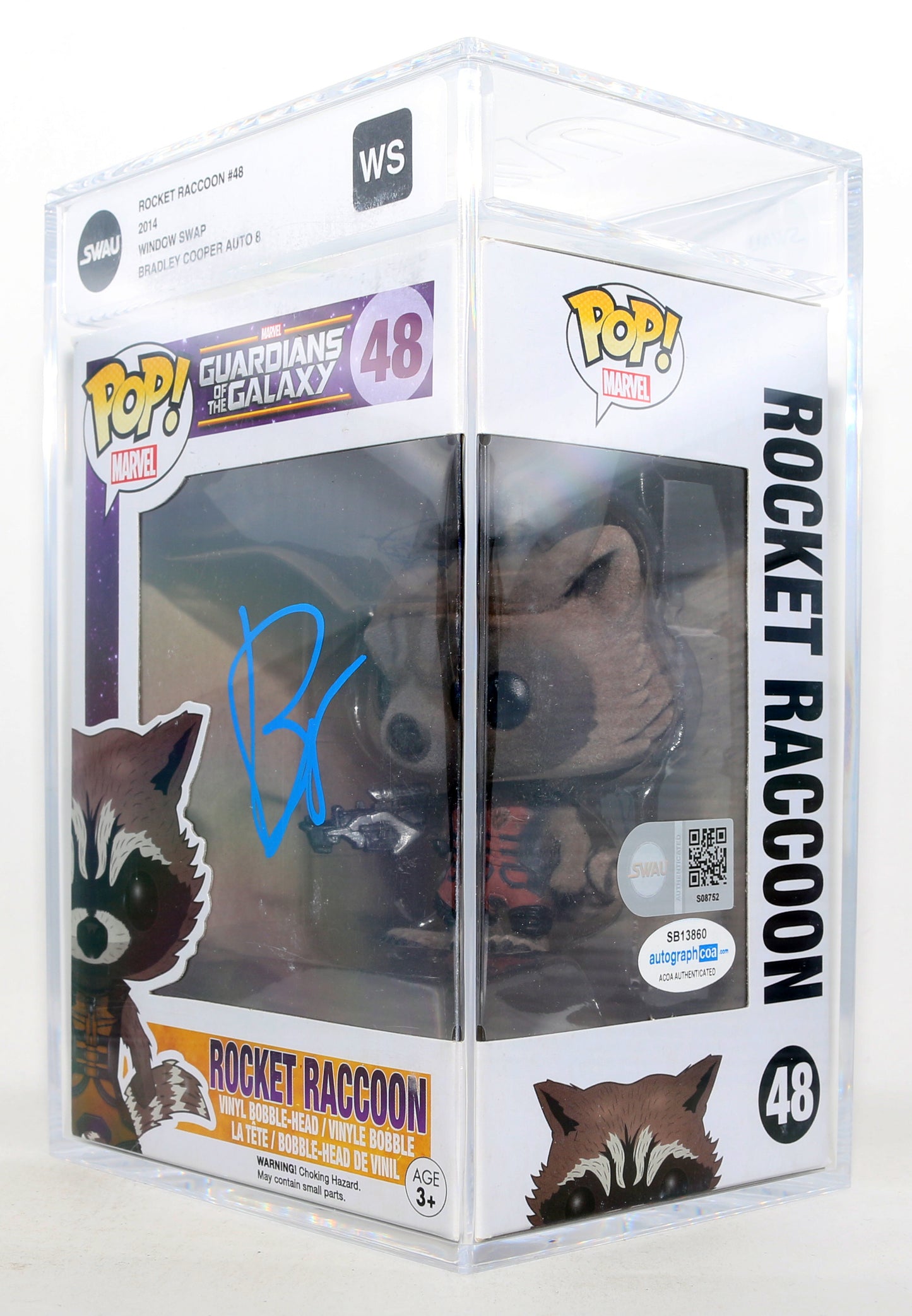 
                  
                    Bradley Cooper as Rocket Raccoon in Guardians of the Galaxy (SWAU Encapsulated Grade WS / Auto 8) Signed Funko POP! #48
                  
                