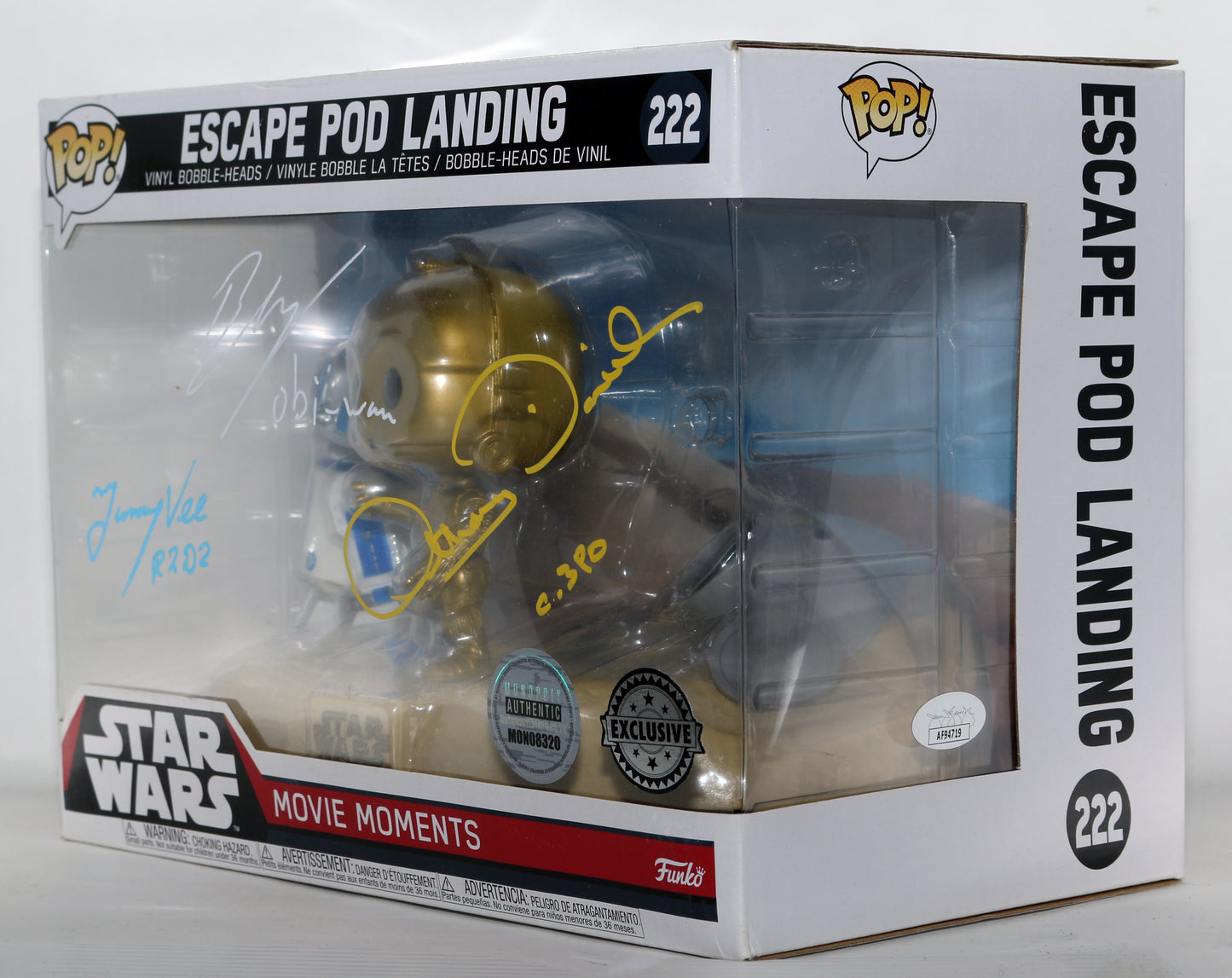 
                  
                    Ewan Mcgregor as Obi-Wan Kenobi, Anthony Daniels as C-3PO, & Jimmy Vee as R2-D2 in Star Wars (JSA) Signed Movie Moments Oversized Funko POP! #222 with Character Names
                  
                