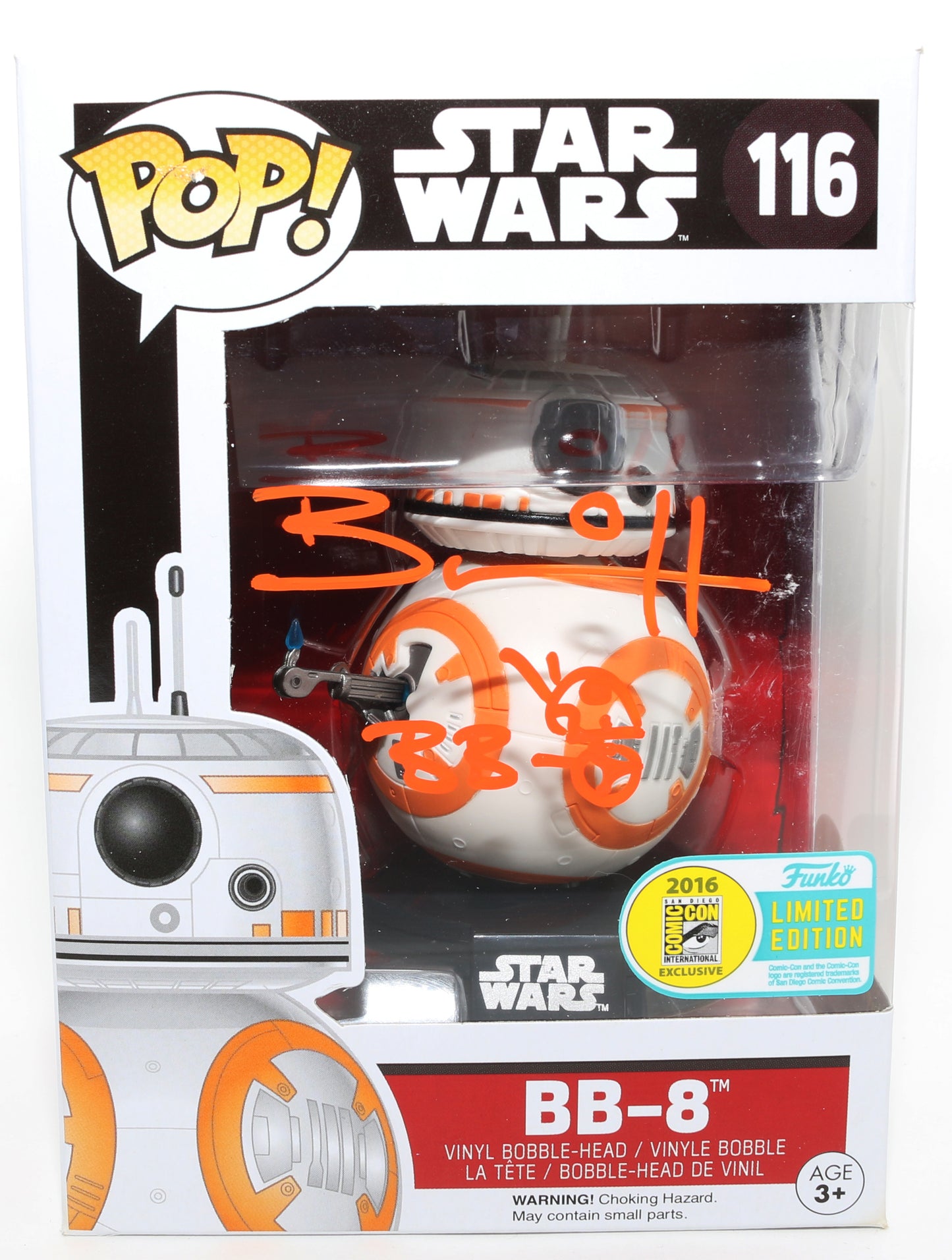 
                  
                    Brian Herring as BB-8 in Star Wars: The Force Awakens 2016 San Diego Comic Con Exclusive (JSA) Signed Funko POP! #116 with Character Name
                  
                