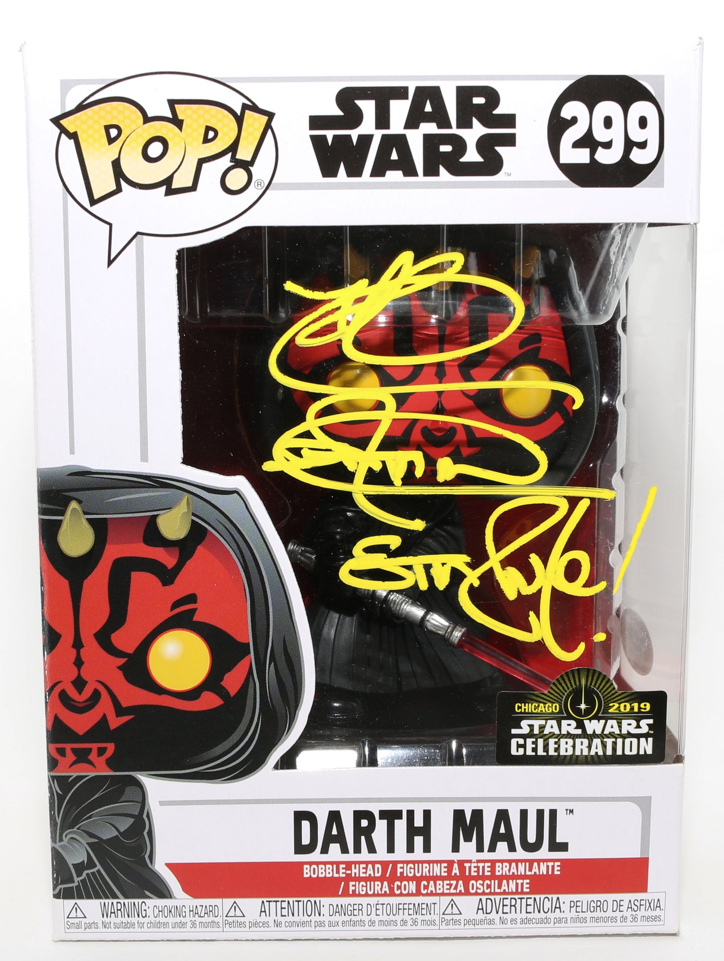 
                  
                    Ray Park as Darth Maul in Star Wars Episode I: The Phantom Menace 2019 Star Wars Celebration Exclusive (JSA) Signed Funko POP! #299 with Quote
                  
                