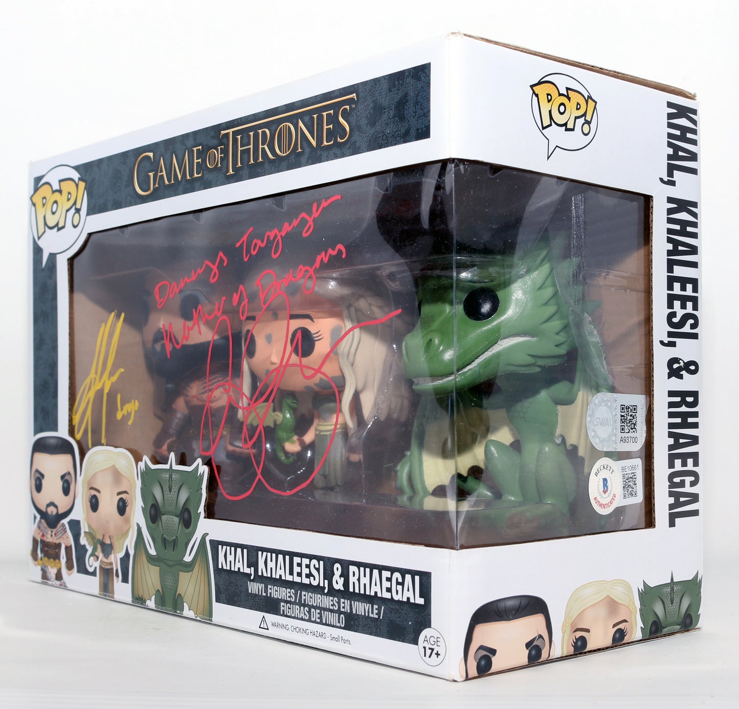 
                  
                    Emilia Clarke as Daenerys Targaryen & Jason Momoa as Khal Drogo in Game of Thrones (SWAU / Beckett) Signed Oversized Funko POP! 3 Pack with Character Names
                  
                