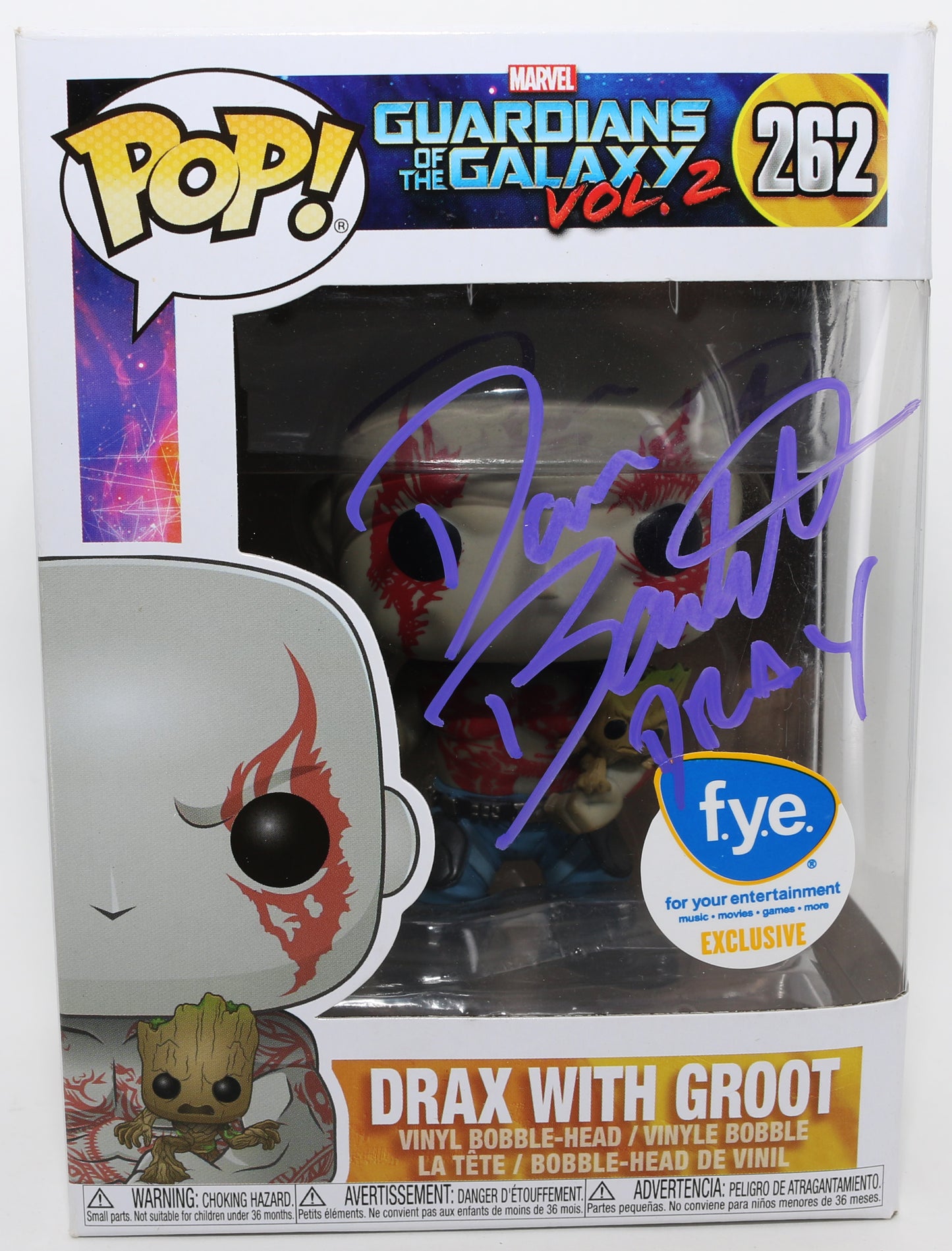 
                  
                    Dave Bautista as Drax in Guardians of the Galaxy Vol. 2 FYE Exclusive Signed Funko POP! #262
                  
                