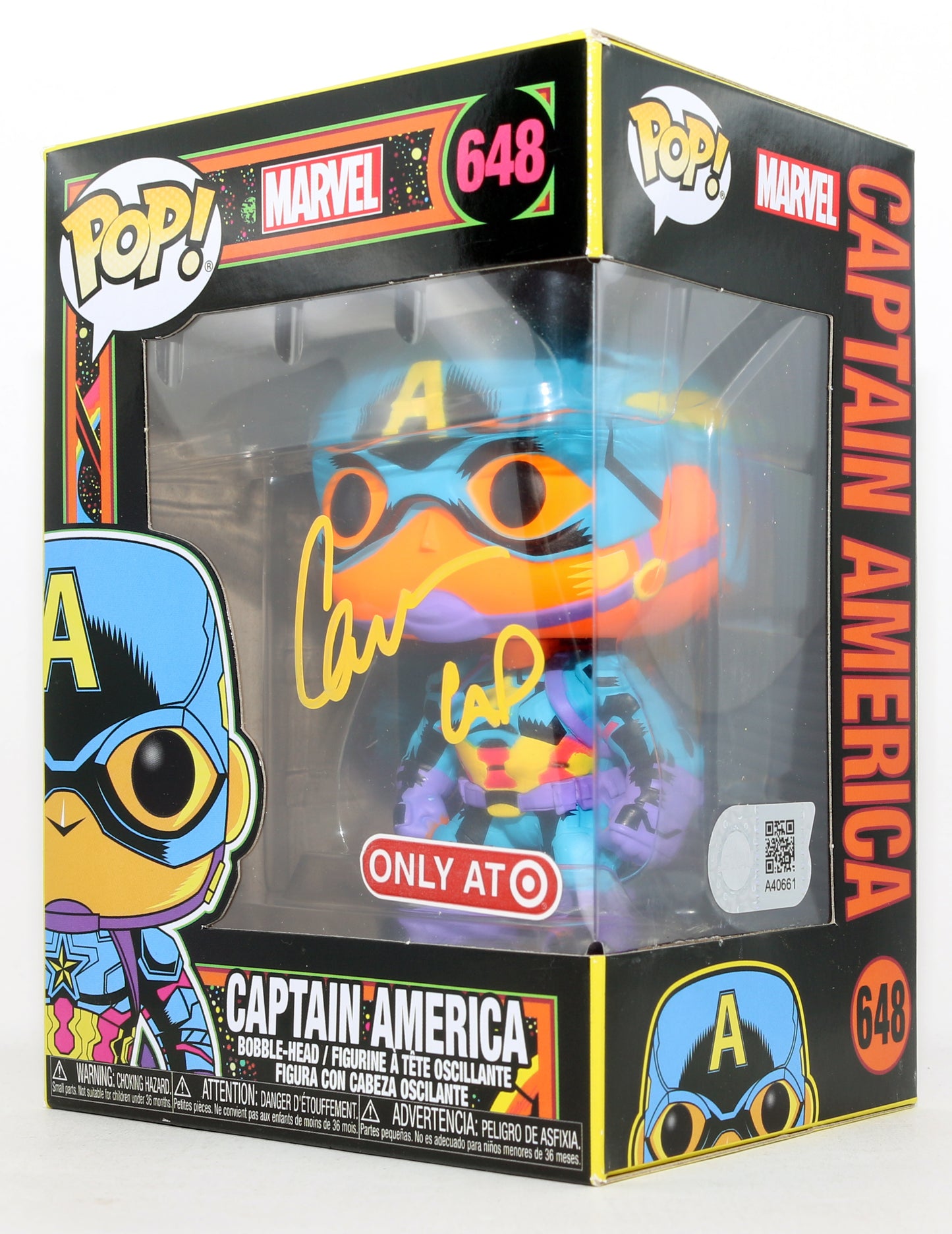 
                  
                    Chris Evans as Captain America in The Avengers Marvel Blacklight Target Exclusive (SWAU) Signed Funko POP! #648 with Character Name
                  
                