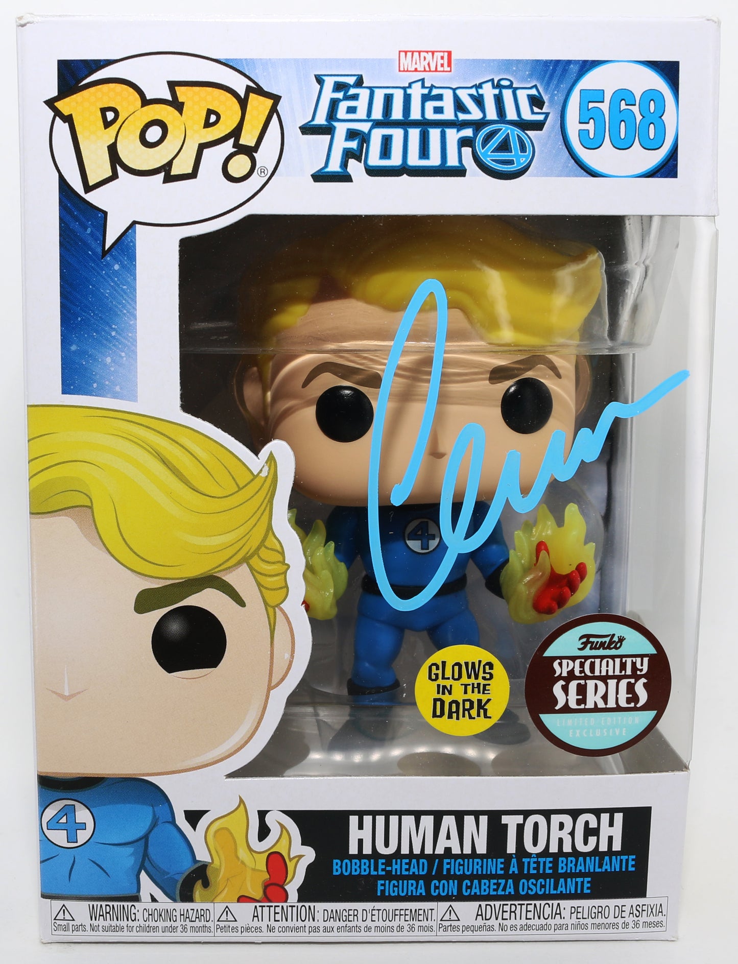 
                  
                    Chris Evans as Human Torch in Fantastic Four GITD Specialty Series (JSA) Signed Funko POP! #568
                  
                