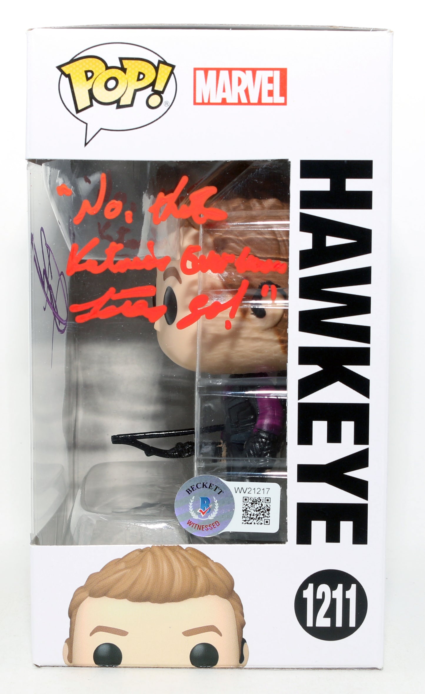 
                  
                    Jeremy Renner as Hawkeye in Hawkeye (Beckett) Signed Funko POP! #1211 with Quote
                  
                