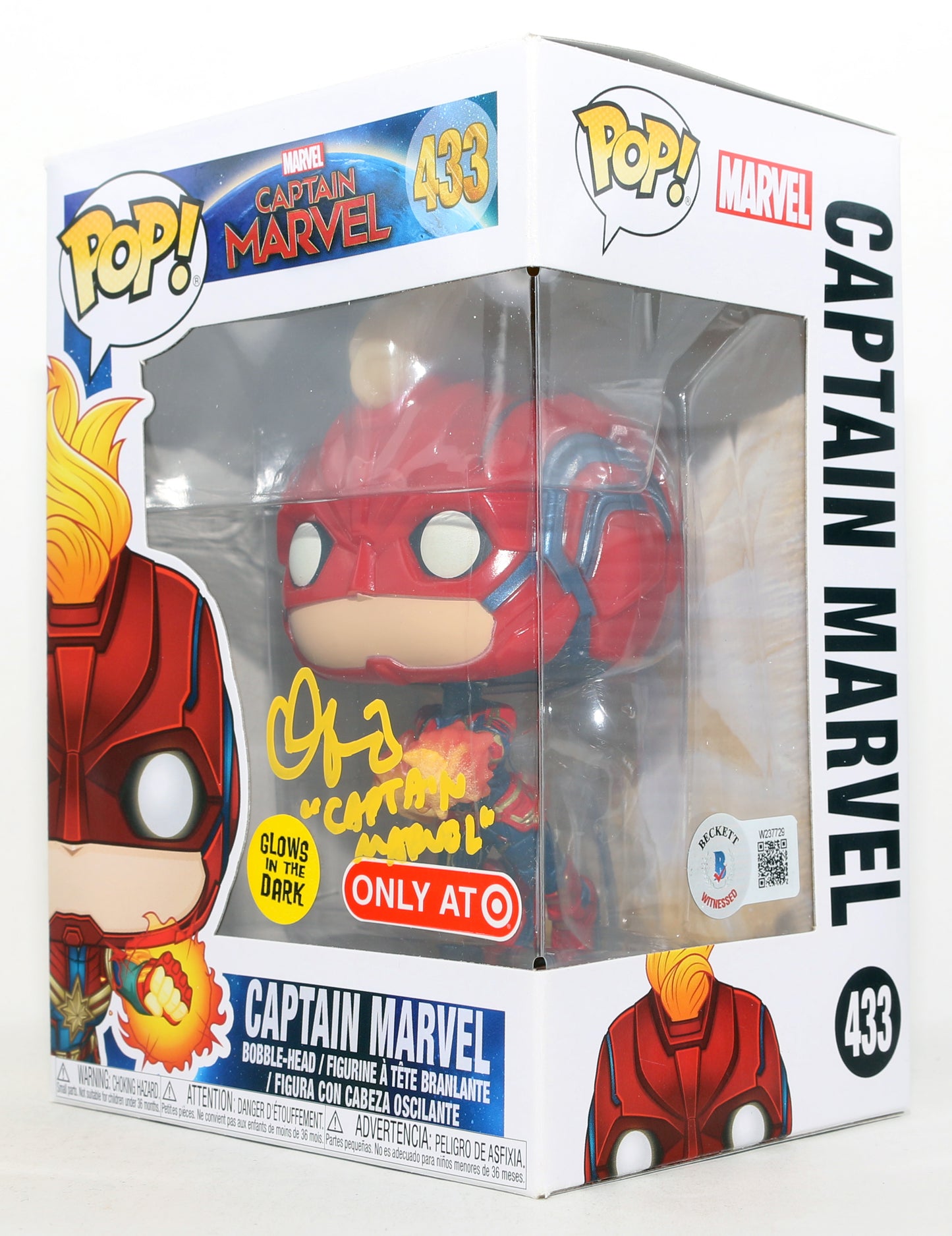 
                  
                    Brie Larson as Captain Marvel in Captain Marvel GITD Target Exclusive (Beckett) Signed Funko POP! #433 with Character Name
                  
                