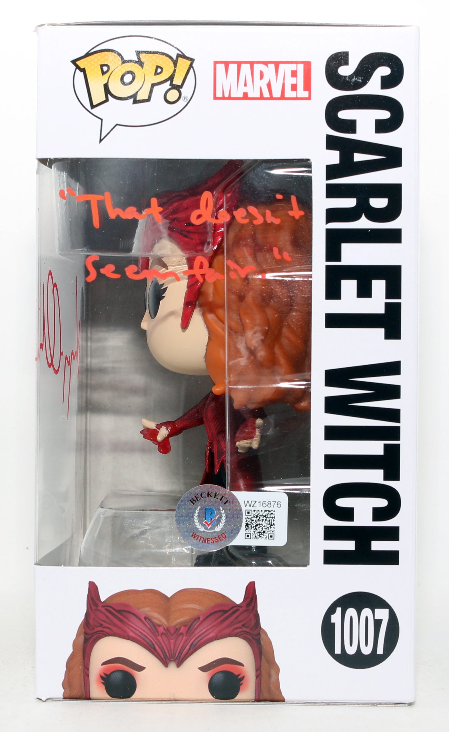 
                  
                    Elizabeth Olsen as Scarlet Witch in Doctor Strange in the Multiverse of Madness (Beckett) Signed Funko POP! #1007 with Quote
                  
                