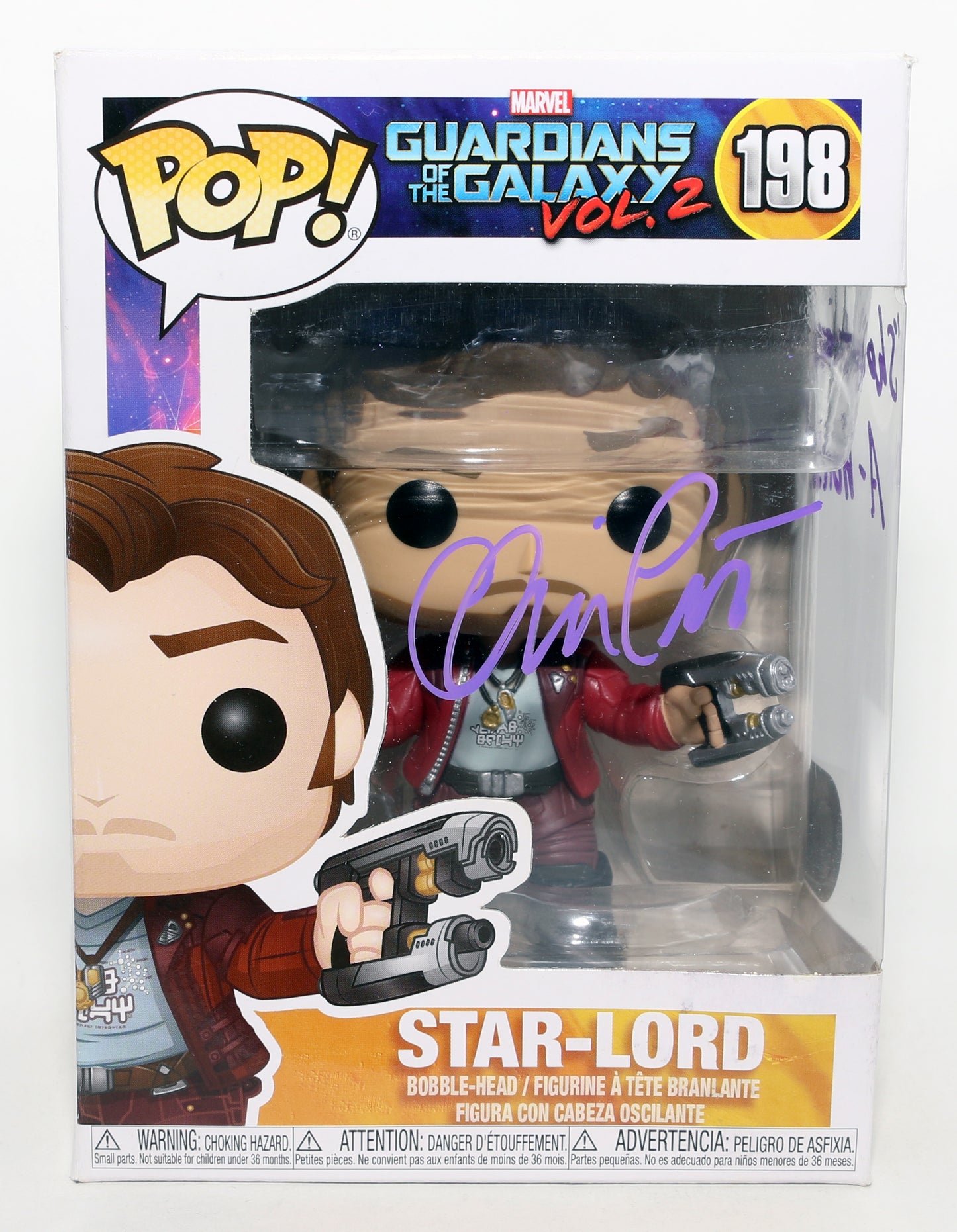 
                  
                    Chris Pratt as Star-Lord in Guardians of the Galaxy Vol. 2 (SWAU) Signed Funko POP! #198 with Character Name & Quote
                  
                