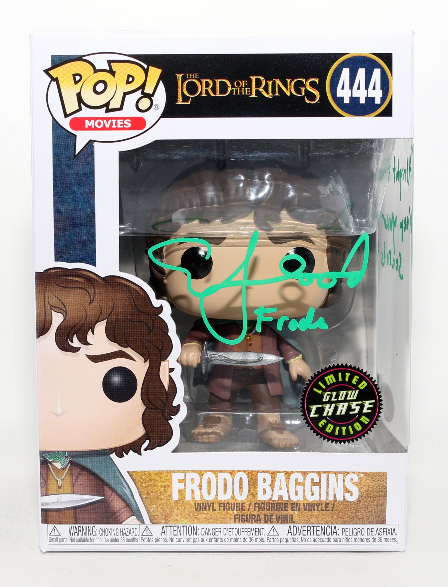 
                  
                    Elijah Wood as Frodo Baggins in The Lord of the Rings GITD Chase Edition (JSA) Signed Funko POP! #444 with Character Name & Quote
                  
                