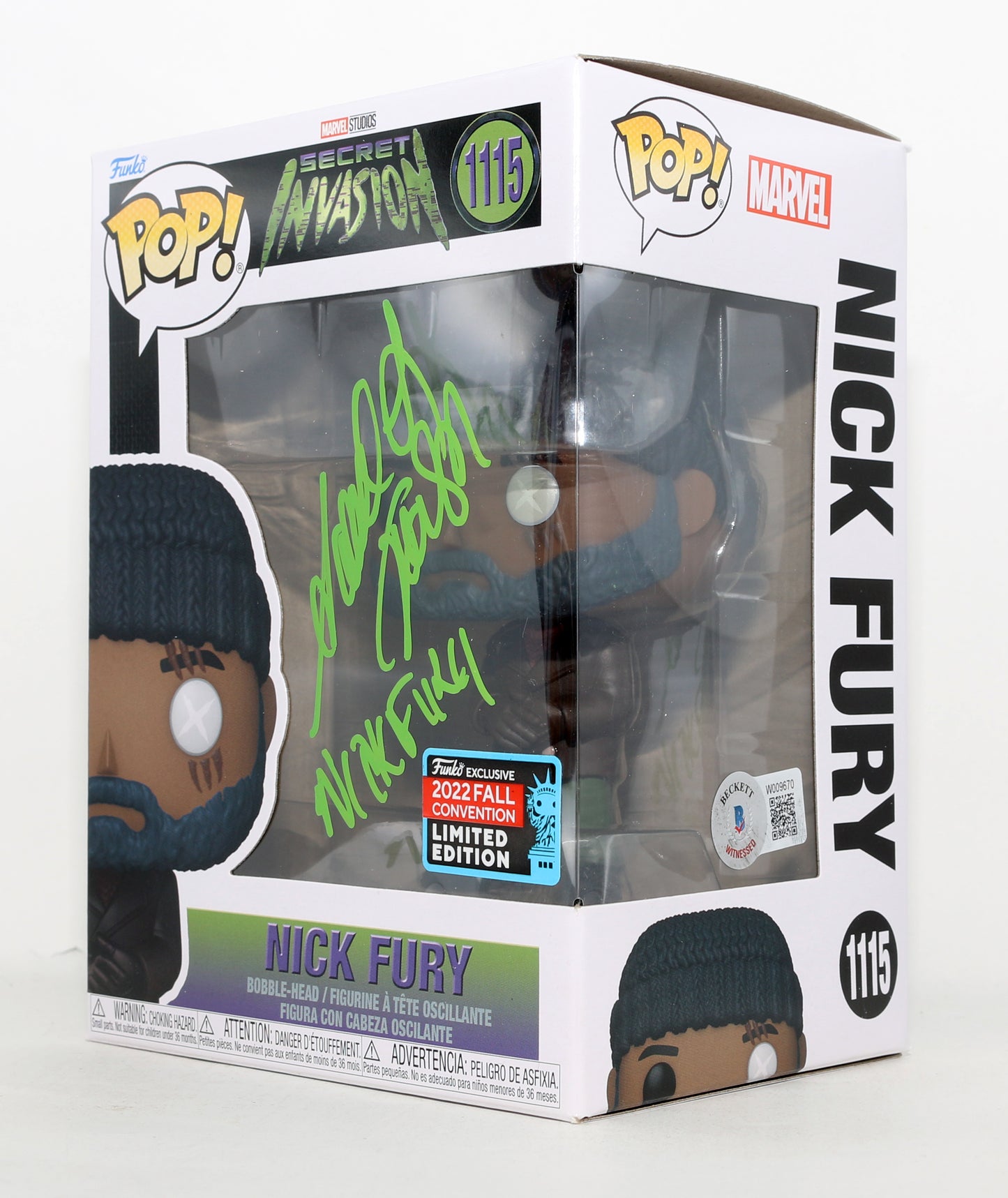 
                  
                    Samuel L. Jackson as Nick Fury in Secret Invasion 2022 Fall Con Limited Edition (Beckett) Signed Funko POP! #1115 with Character Name
                  
                