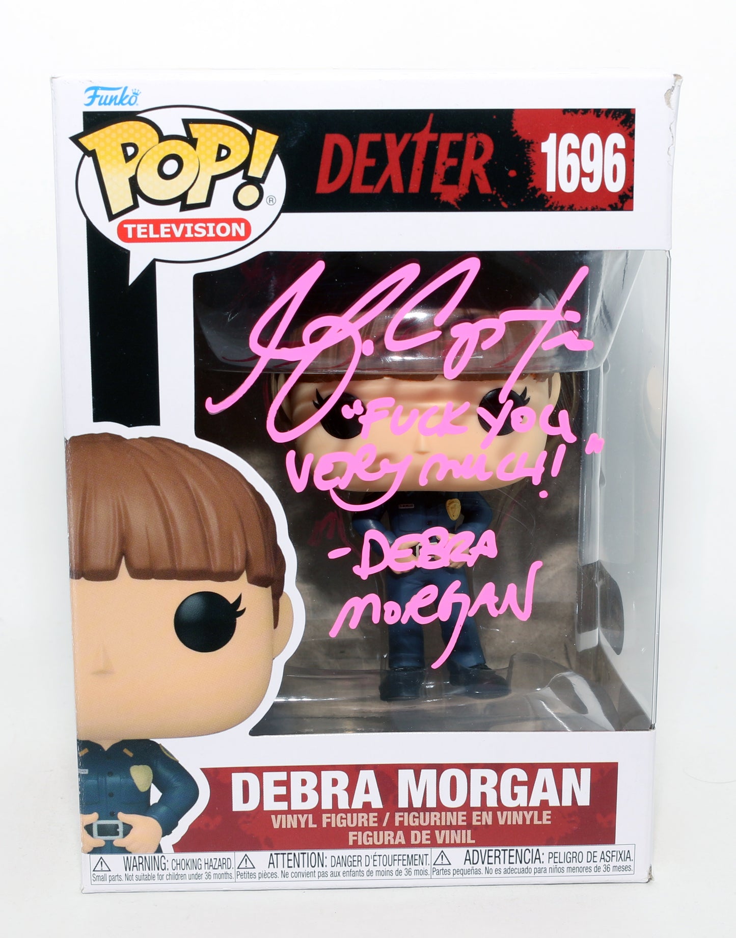 
                  
                    Jennifer Carpenter as Debra Morgan in Dexter (SWAU) Signed Funko POP! #1696 with Character Name & Quote
                  
                
