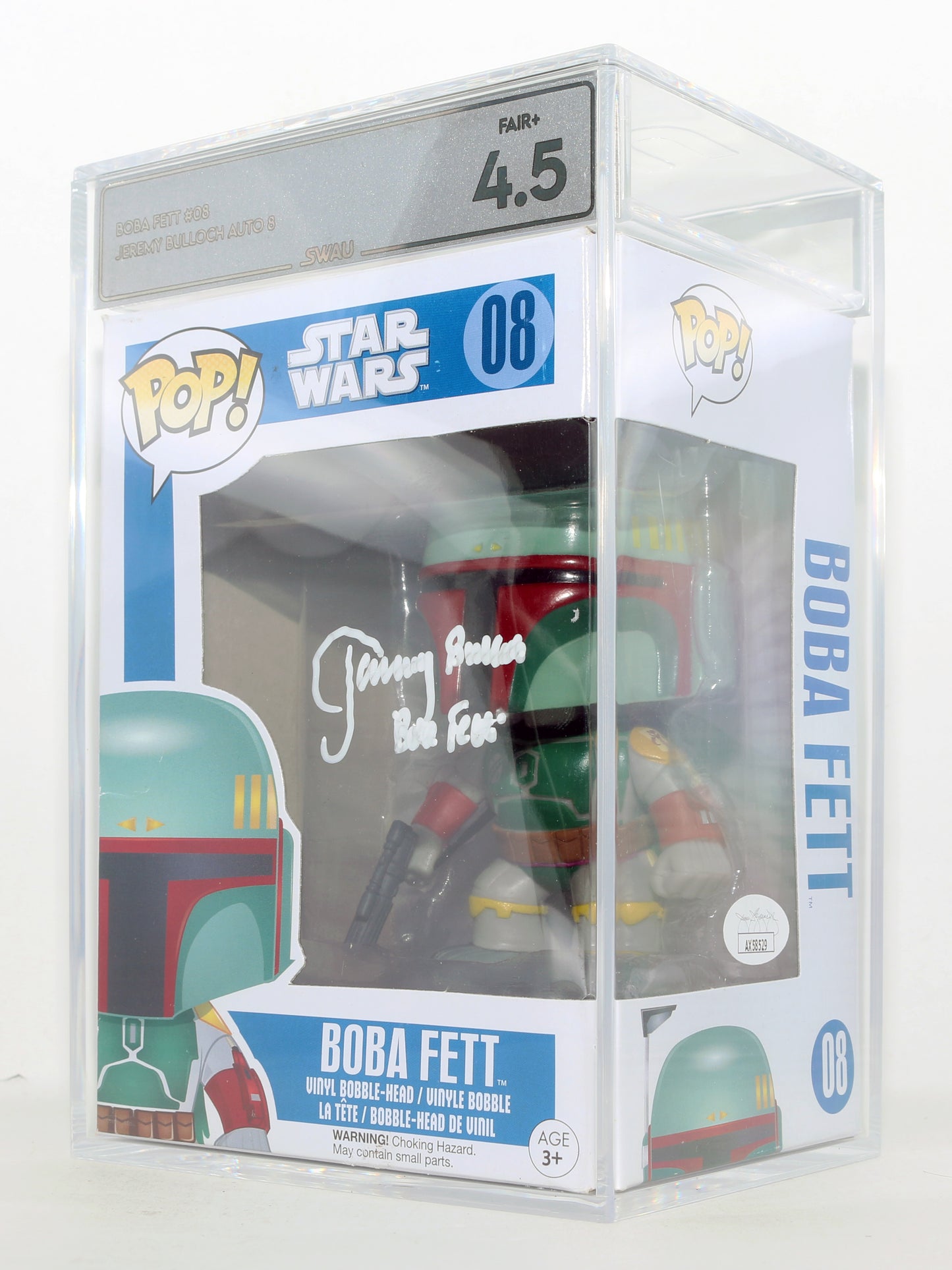 
                  
                    Jeremy Bulloch as Boba Fett in Star Wars: The Empire Strikes Back (JSA / SWAU Encapsulated Grade 4.5 / Auto 5) Signed Funko POP! #08 with Character Name
                  
                