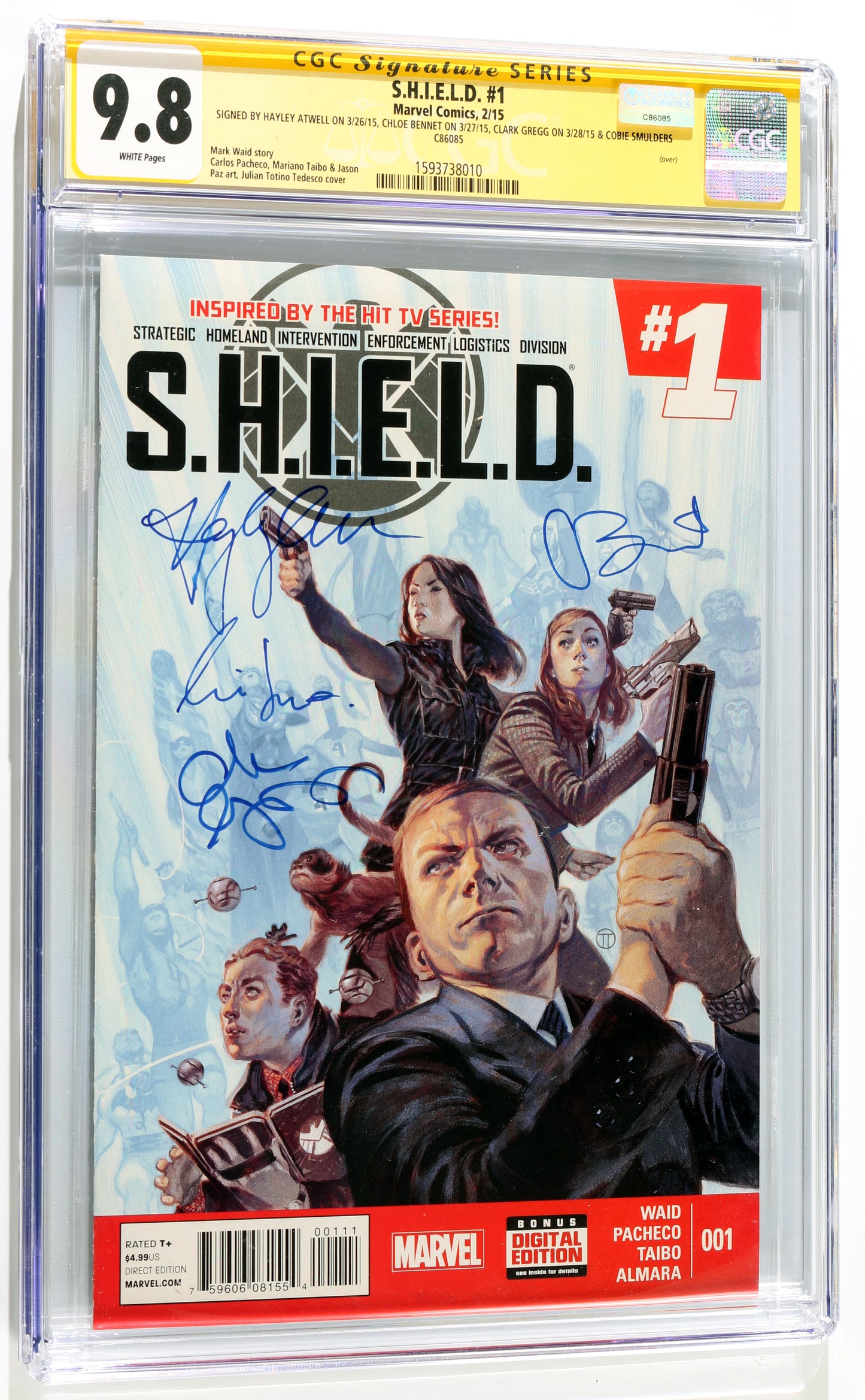 
                  
                    S.H.I.E.L.D. #1 - Signed by Hayley Atwell, Chloe Bennet, Clark Gregg, & Cobie Smulders from Agents of S.H.I.E.L.D. (CGC Signature Series 9.8) 2015
                  
                