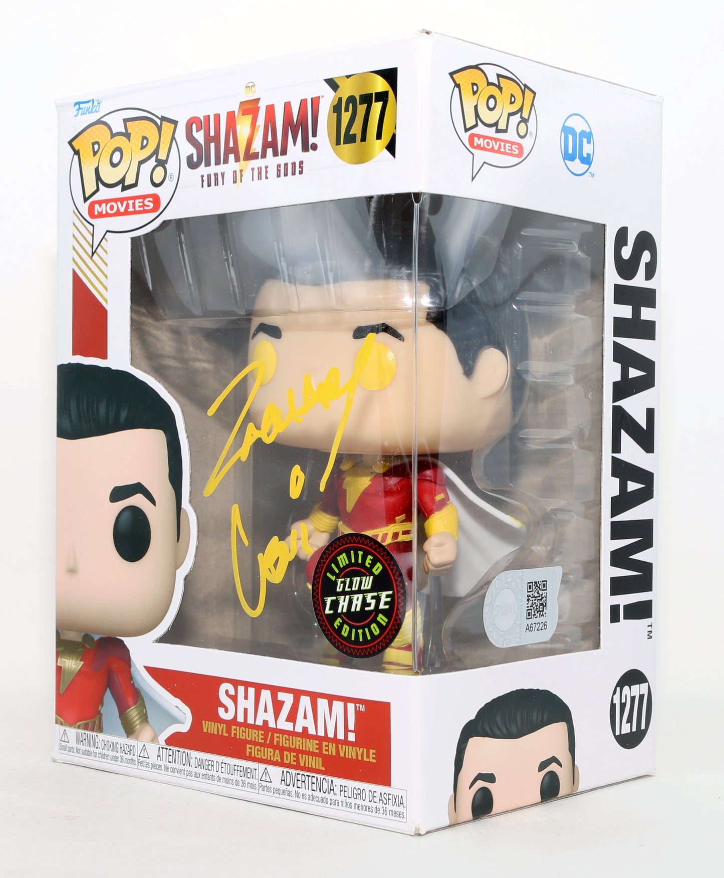 
                  
                    Zachary Levi as Shazam in Shazam! GITD Chase Edition (SWAU) Signed Funko POP! #1277
                  
                