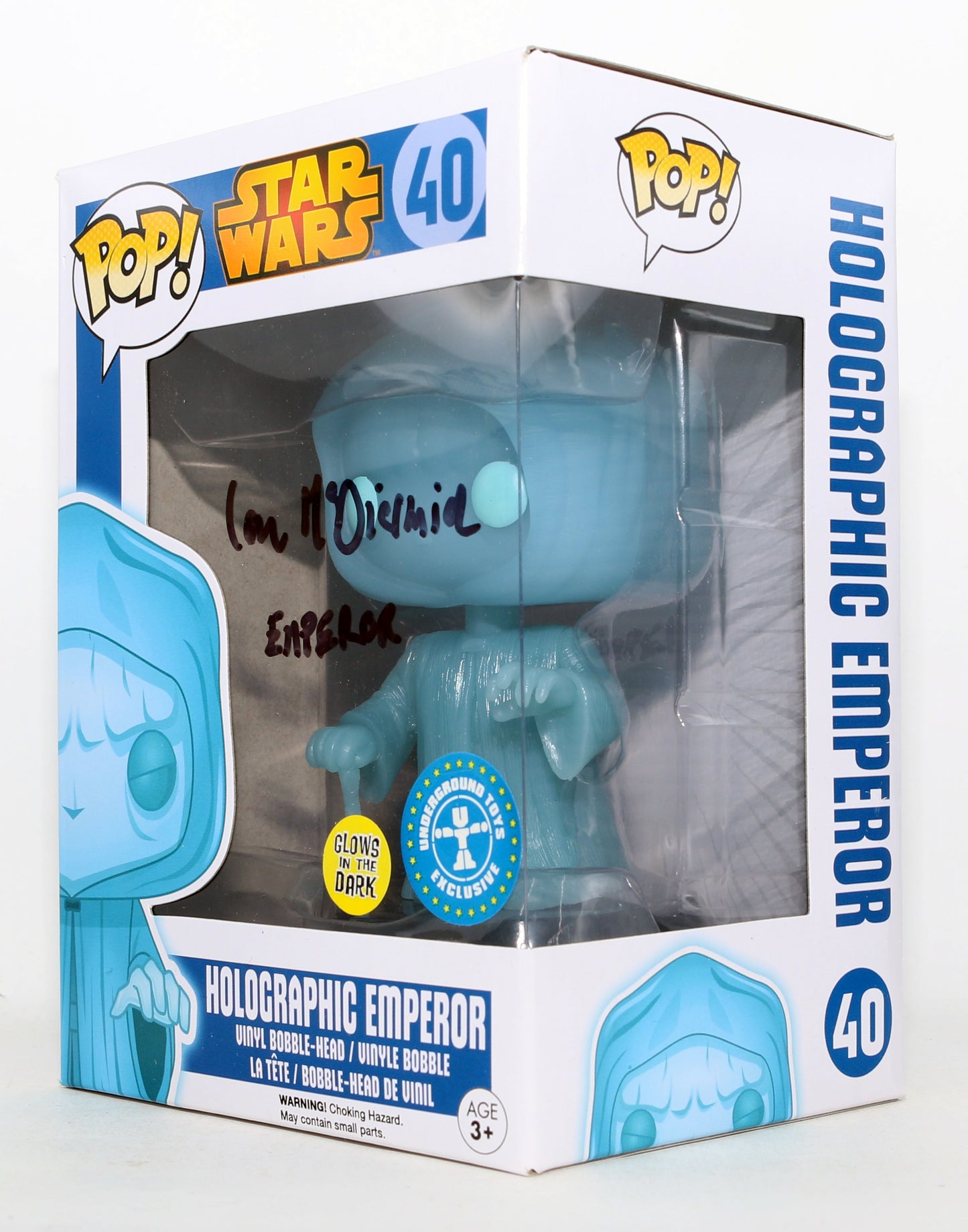 
                  
                    Ian McDiarmid as Emperor Palpatine in Star Wars GITD Underground Toys Exclusive Signed Funko POP! #40 with Character Name
                  
                