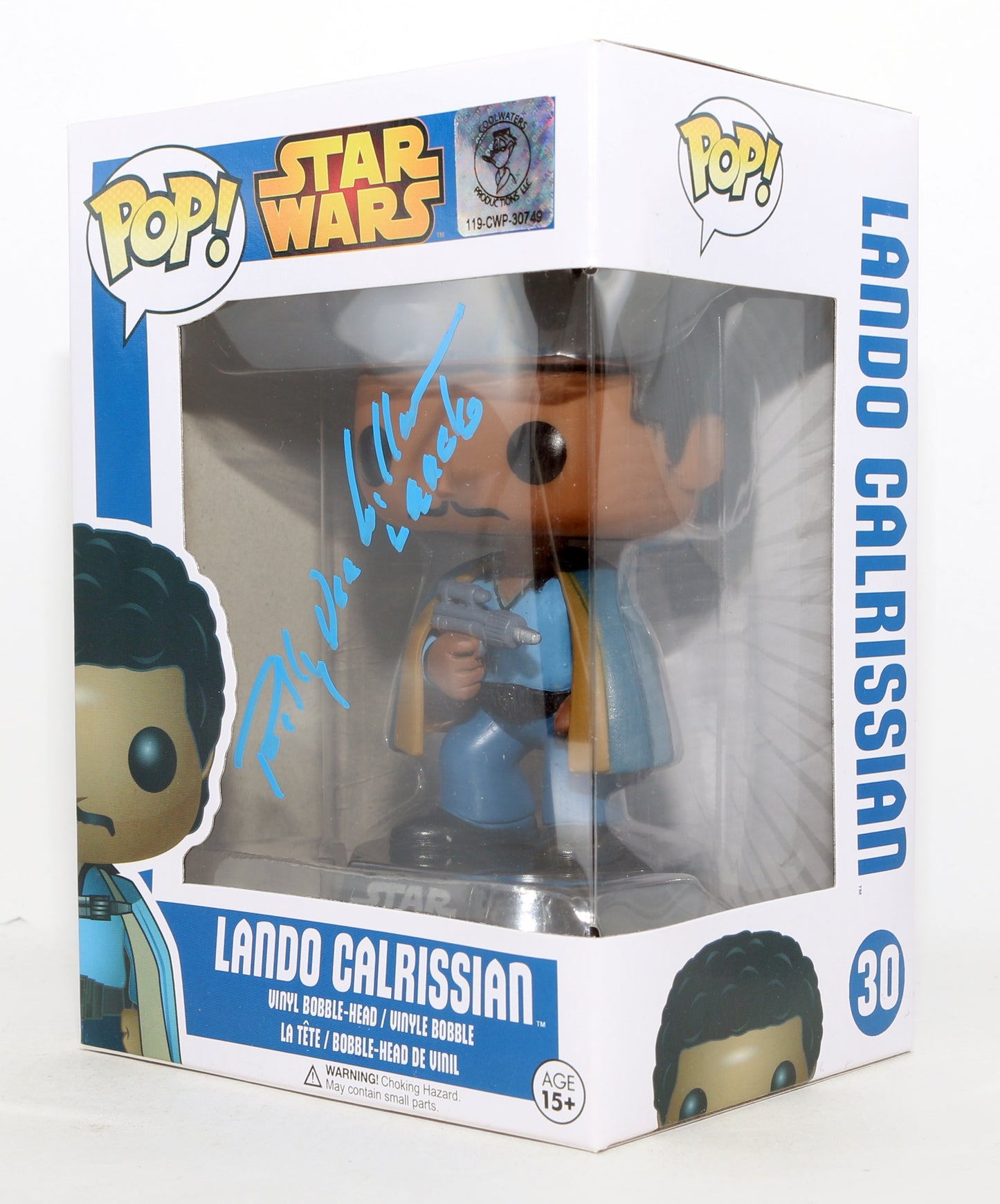 
                  
                    Billy Dee Williams as General Lando Calrissian in Star Wars: Return of the Jedi (Coolwaters) Signed Funko POP! #30 with Character Name
                  
                