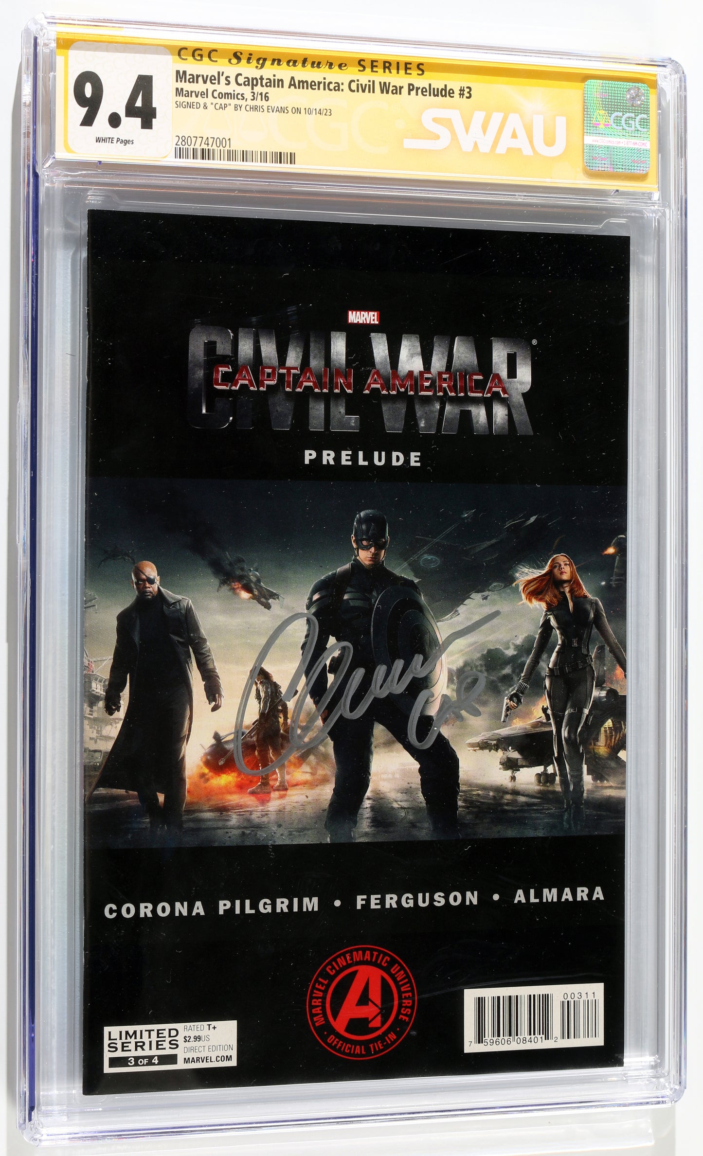 
                  
                    Captain America: Civil War Prelude #3 - Signed by Chris Evans as Captain America in Captain America: Civil War (SWAU CGC Signature Series 9.4) 2016 with Character Name
                  
                