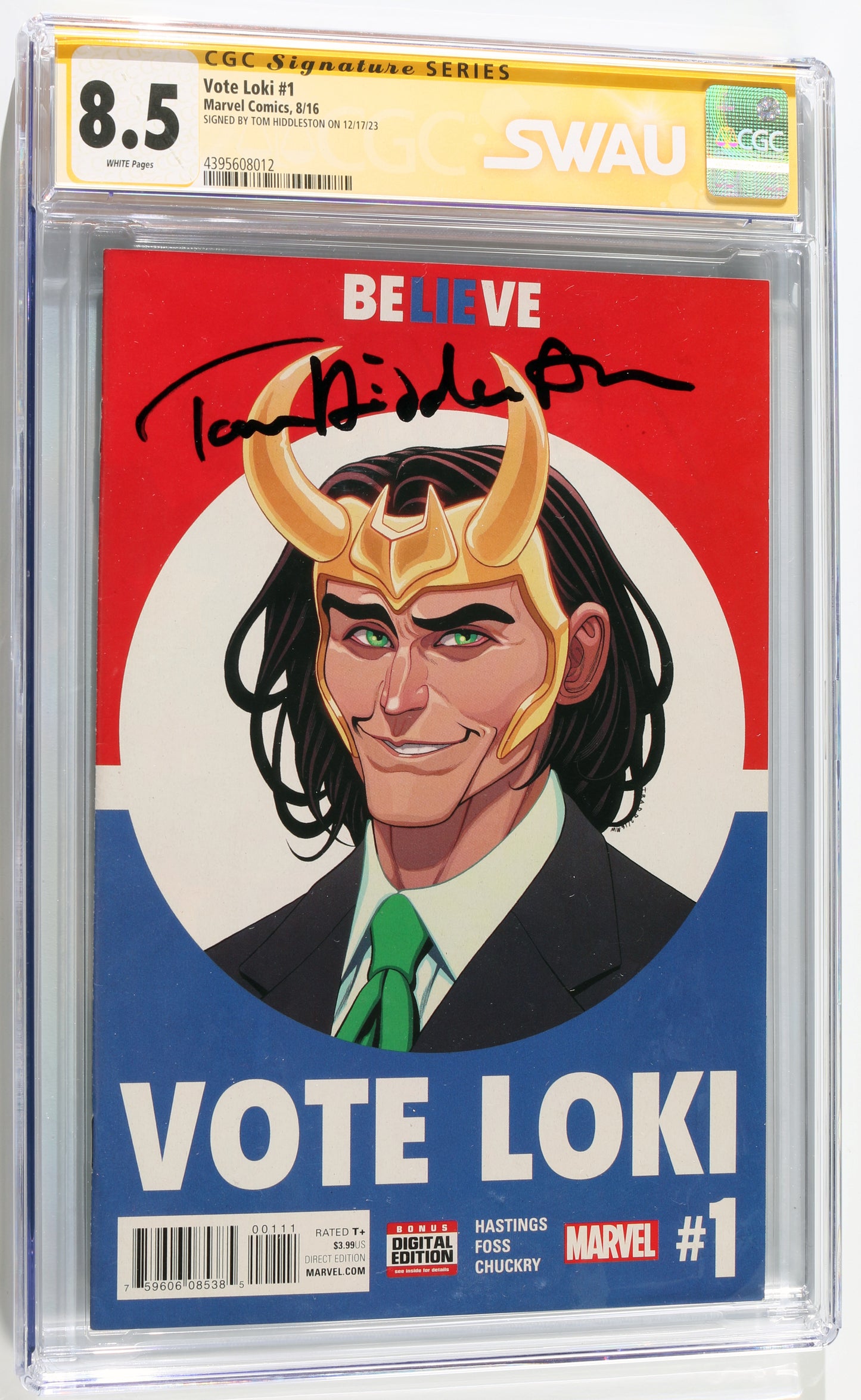 
                  
                    Vote Loki #1 - Signed by Tom Hiddleston as Loki from Loki (SWAU CGC Signature Series 8.5) 2016
                  
                