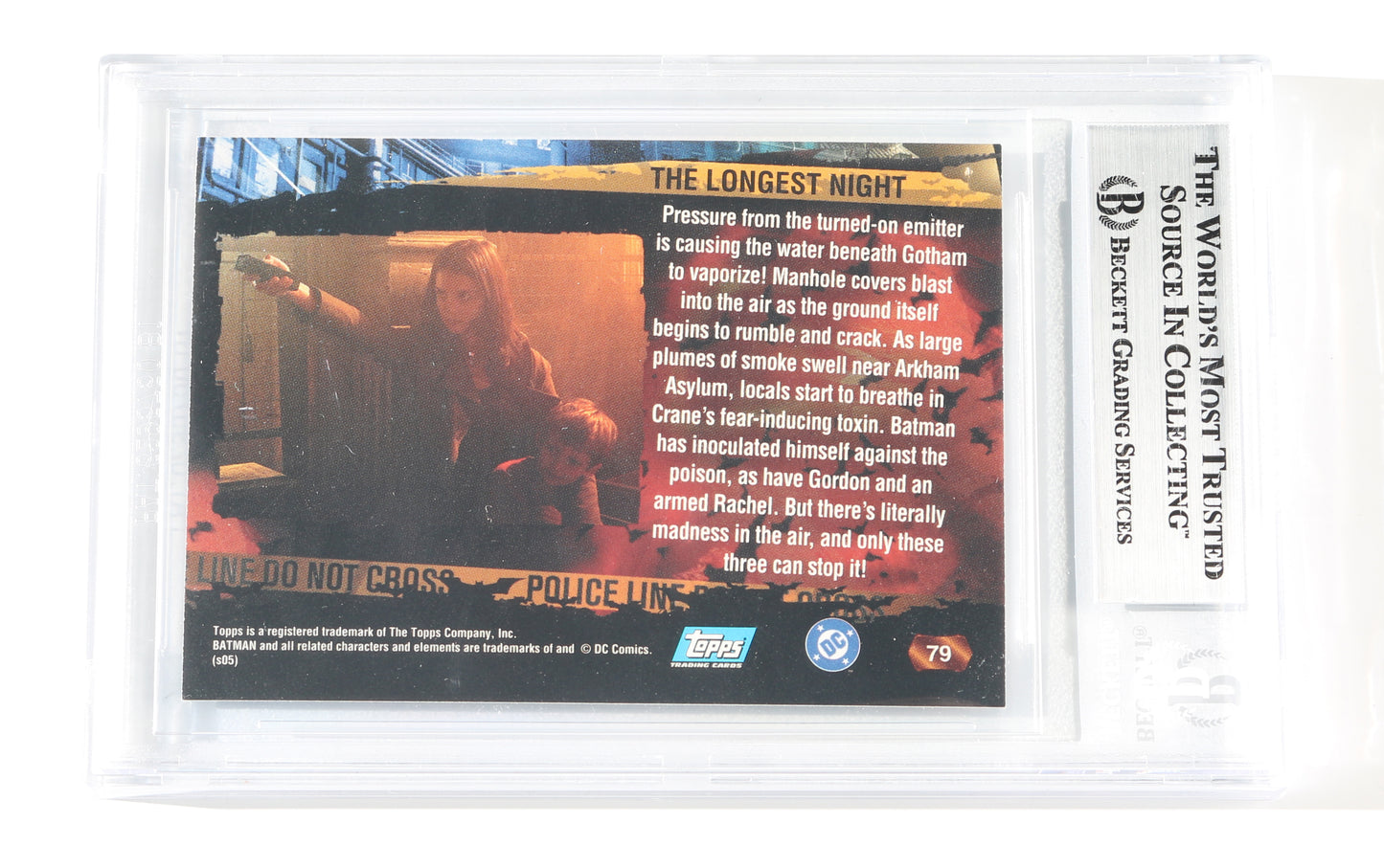 
                  
                    Christian Bale as Batman in Batman Begins (Beckett Encapsulated) Signed 2005 Topps 'The Longest Night' Trading Card #79
                  
                